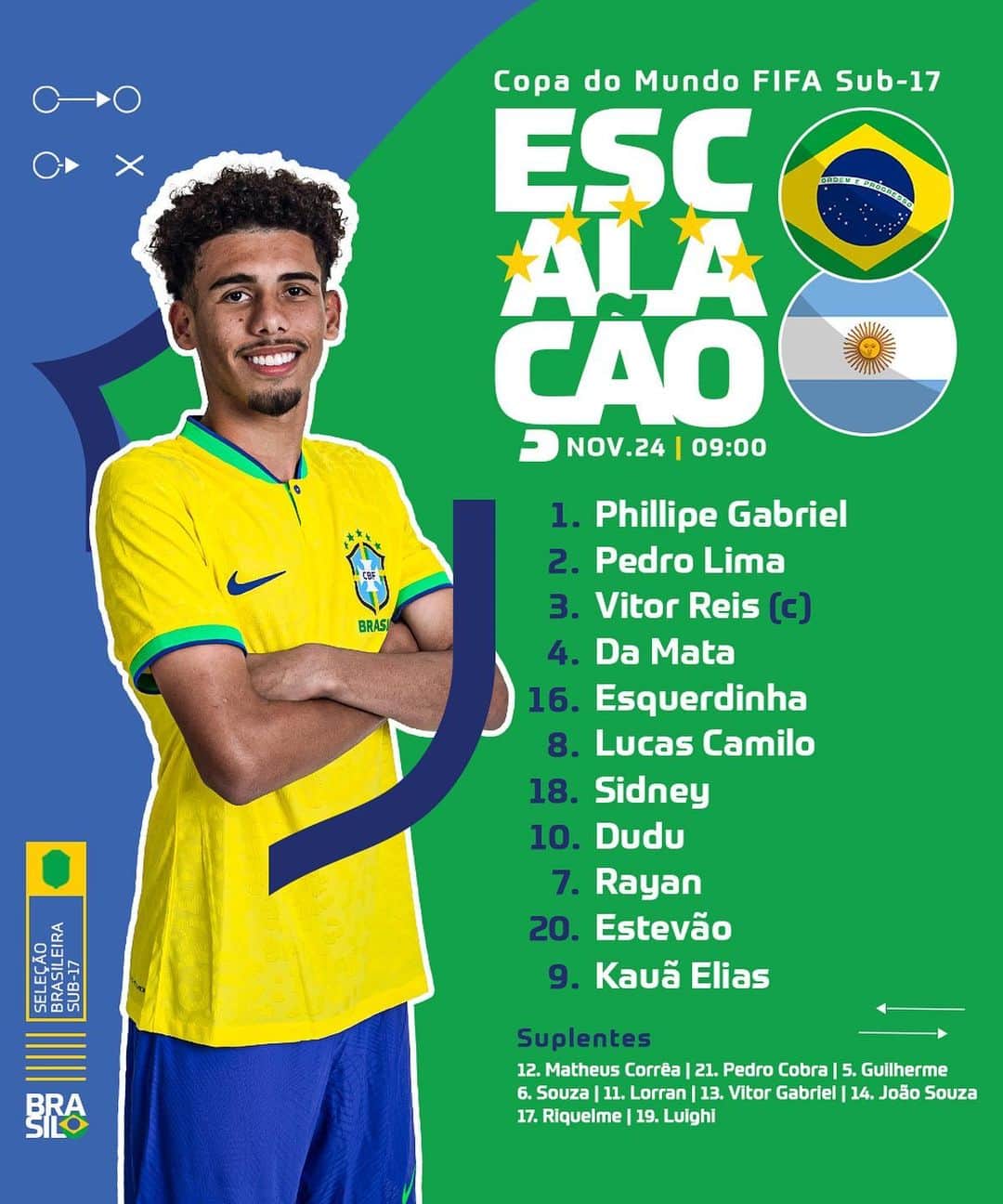 サッカー ブラジル代表チームのインスタグラム：「Time definido! 🤩  O treinador Phelipe Leal escalou a Seleção Brasileira para a partida contra a Argentina pelas quartas de final da Copa do Mundo Sub-17, às 9h (de Brasília), no Estádio Internacional de Jacarta, em Jacarta, na Indonésia.  Vamos, Brasil! 💪🇧🇷」