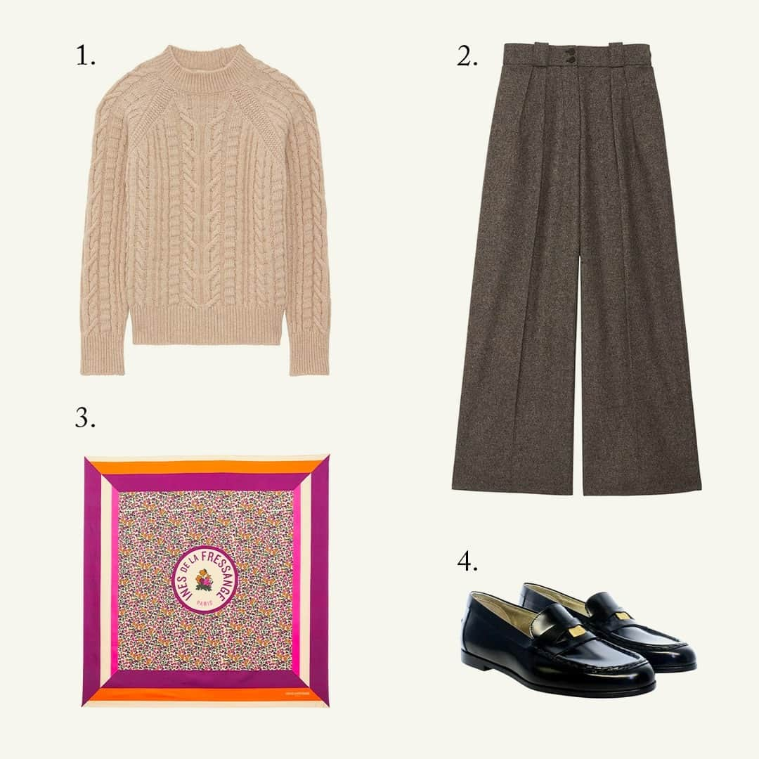 イネスドゥラフレサンジュさんのインスタグラム写真 - (イネスドゥラフレサンジュInstagram)「Get the look !  - 1. Pull Louison beige 2. Pantalon Marlène gris 3. Foulard Stockholm violet à fleurs 4. Mocassins en cuir noir  #inesdelafressange #inesdelafressangeparis #fallwinter2023 #parisianchic」11月24日 21時02分 - inesdelafressangeparis