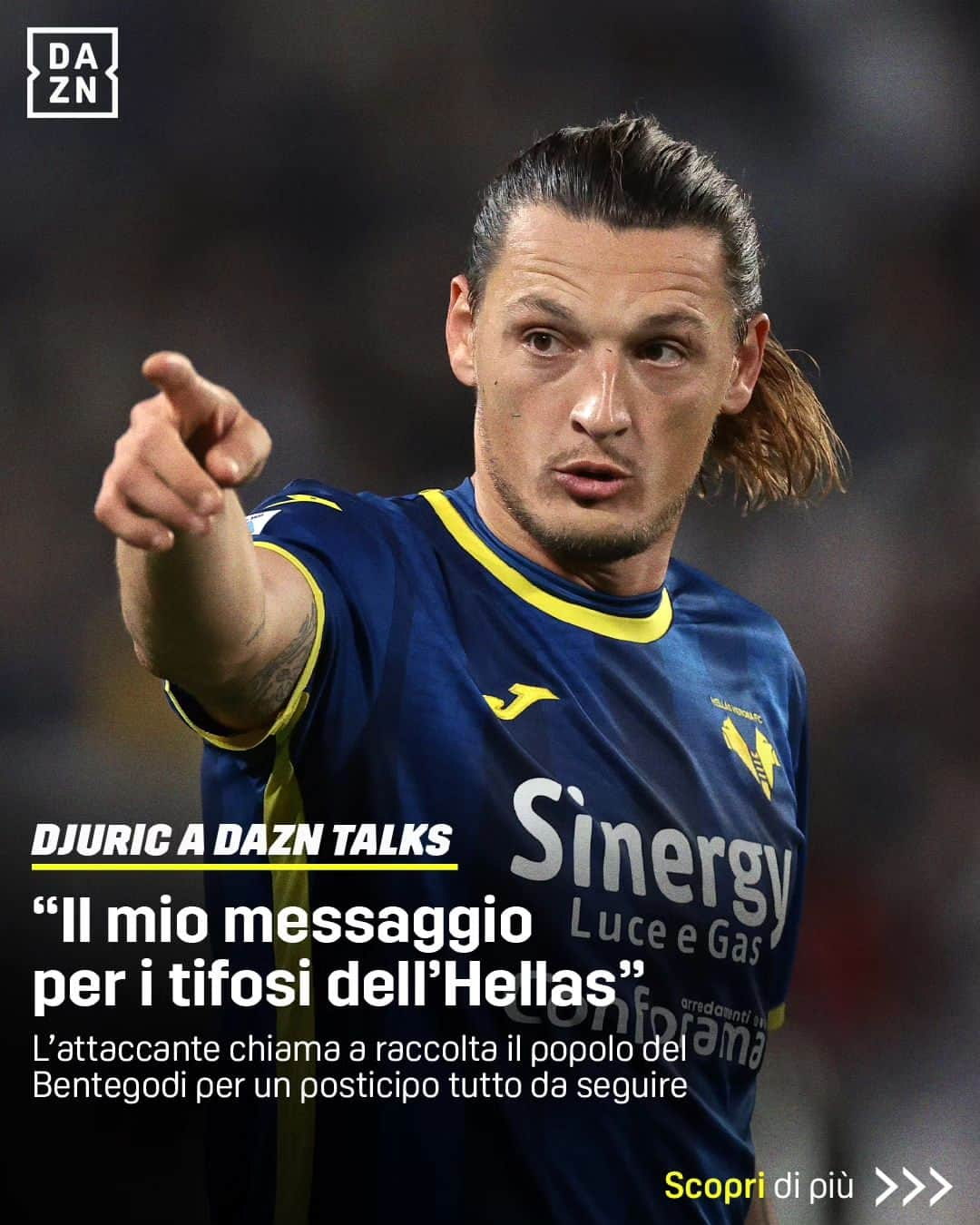 エラス・ヴェローナFCのインスタグラム：「Milan Djuric ha un messaggio per il popolo gialloblù 💛💙 Appuntamento lunedì alle 18:30 su #DAZN per #VeronaLecce ⏰  #DaznTalks #HVFC #SerieATIM」