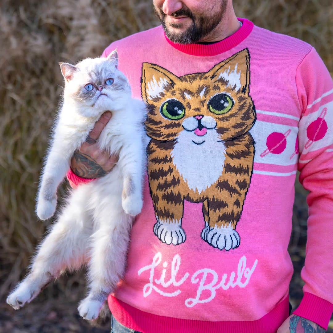 Lil BUBのインスタグラム：「Mister Marbles and I are excited to announce the new Limited Edition Heads UP, BUB! Knit Sweaters, which are now available and on sale at the link in BUB's Bio.  It's got BUB's beautiful head on the front, and her tiny bottom on the back (swipe ---->) 🫢  Today, this sweater (and everything else) is 20% OFF, comes with a FREE limited edition BUB+Marbles 3" Magnet, a FREE set of 2 BUB+Marbles Holiday Cards, and FREE Shipping in the USA.  You should probably get one for yourself and your family so you can wear them all out shopping and feel good about supporting Lil BUB's Big FUND for Special Needs Pets. And if you're feeling especially frisky, you can get one of the very limited edition Bottoms Out! Sweaters with her butt on the front. 😳  GOOD JOB BUB(UTT)!  #goodbuttbub #catbutts #lilbub #lilbutt」