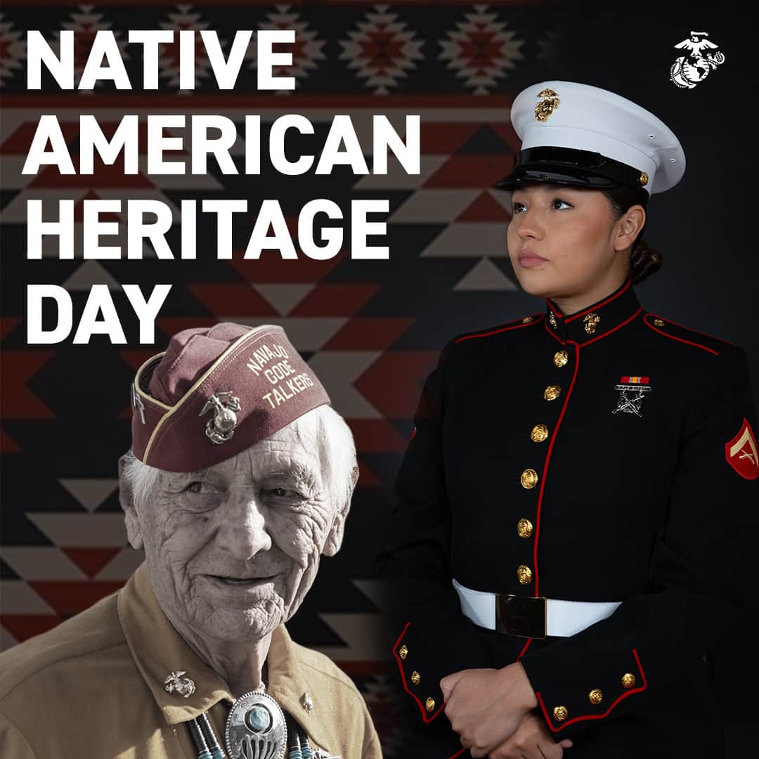 アメリカ海兵隊のインスタグラム：「Today, we celebrate #NativeAmericanHeritageDay, an opportunity to reflect on the outstanding service of Native American Marines in defense of our nation. Native American Marines are heirs to a proud legacy, most famously defined by the actions of the Navajo Code Talkers of WWII – utilizing their unwritten native language as an unbreakable code, they played a crucial role in secure communications and significantly contributed to the Allied victory in the Pacific.   Today, Native American Marines serving in our ranks carry on this tradition of service, ingenuity and warrior culture.   Semper Fidelis.   #Marines #USMC」