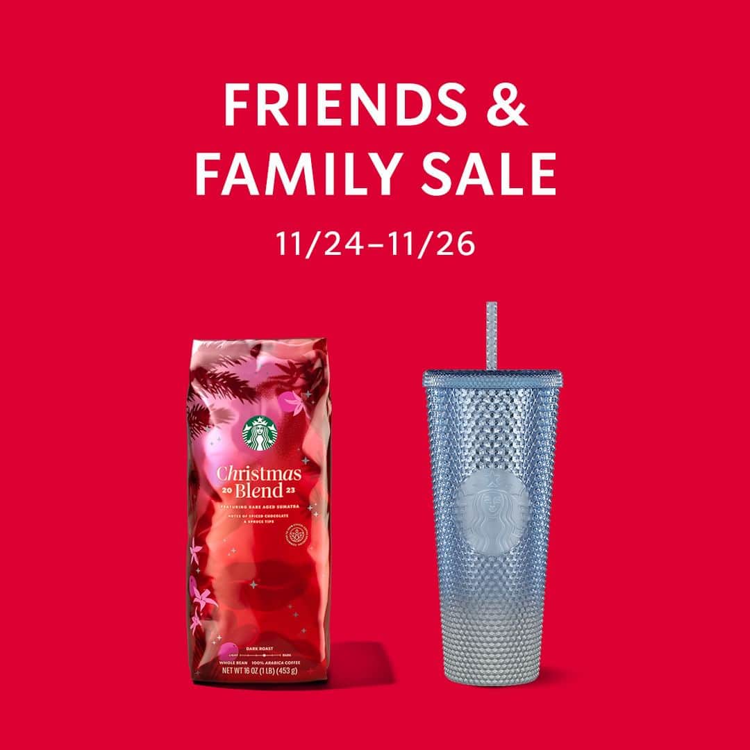 Starbucksのインスタグラム：「Order your fave drink, then come into a participating store to get 30% off packaged coffee & merch.  Valid 11/24–11/26 at participating U.S. stores. Excludes Starbucks® Delivery orders and bottled beverages. Discount not available on purchases of Starbucks Cards. Offer must be redeemed in store with same-day proof of drink purchase. Cannot be combined with other offers or discounts. Limited to stock on hand.」