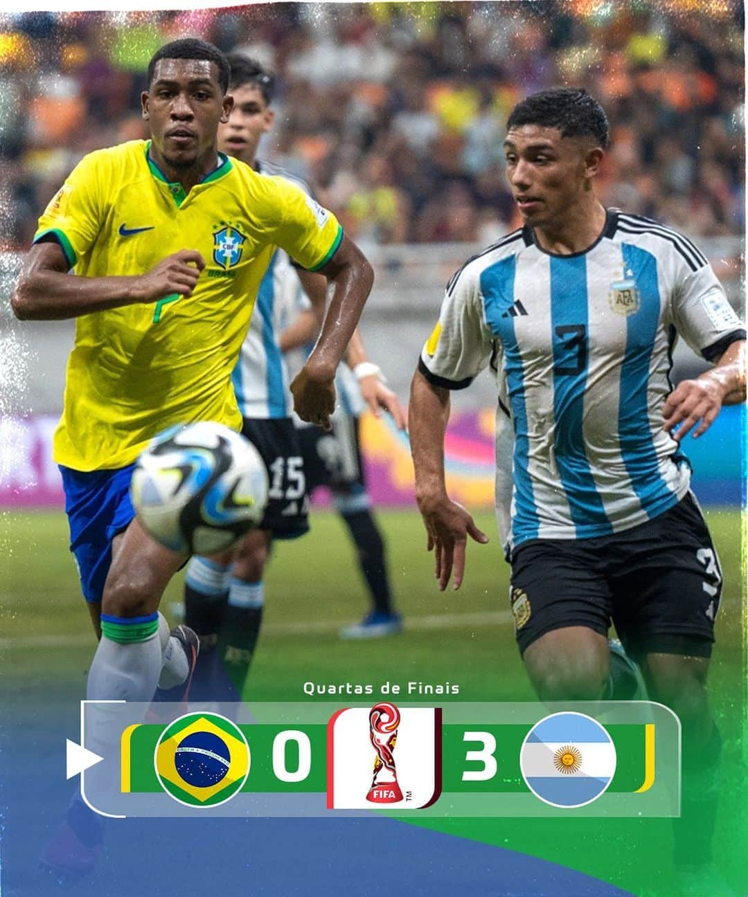 サッカー ブラジル代表チームのインスタグラム：「A Seleção Brasileira foi superada por 3 a 0 pela Argentina, no Estádio Internacional de Jacarta, capital da Indonésia, e se despediu da Copa do Mundo Sub-17, nesta sexta-feira (24).  📸: @letoribas/CBF」