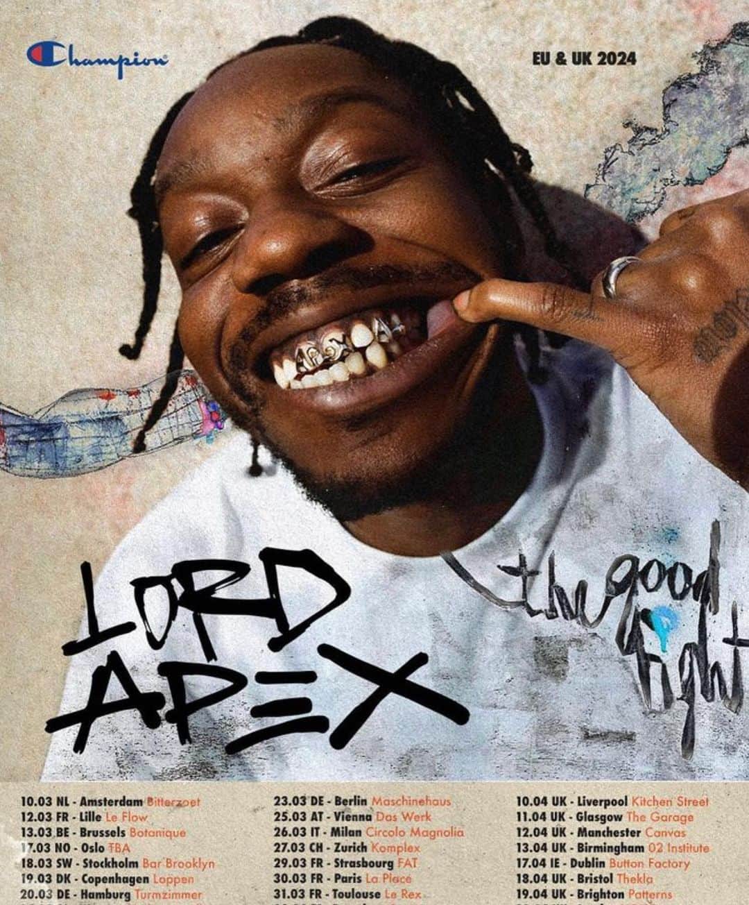 Champion EUのインスタグラム：「Buzzing to partner with  @senseiapex on his upcoming UK & European tour. See you down the front. Tickets : https://www.songkick.com/artists/8936074-lord-apex」