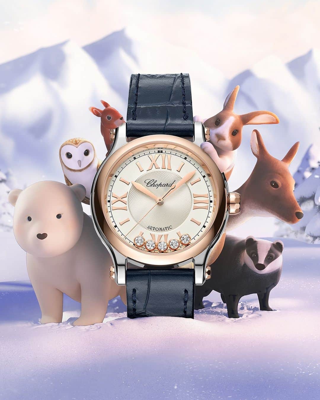 ショパールのインスタグラム：「They are all back!  Amy, Gabby, Elliot, Tobby, Luna, and Jasper surprise #ArtyTheBear reunited around the iconic #HappySport watch, ignited by dancing diamonds.  Tap the link in bio to discover more. #Chopard #ChopardFairytale #HolidaySeason #SwissMade #LuxuryWatch」