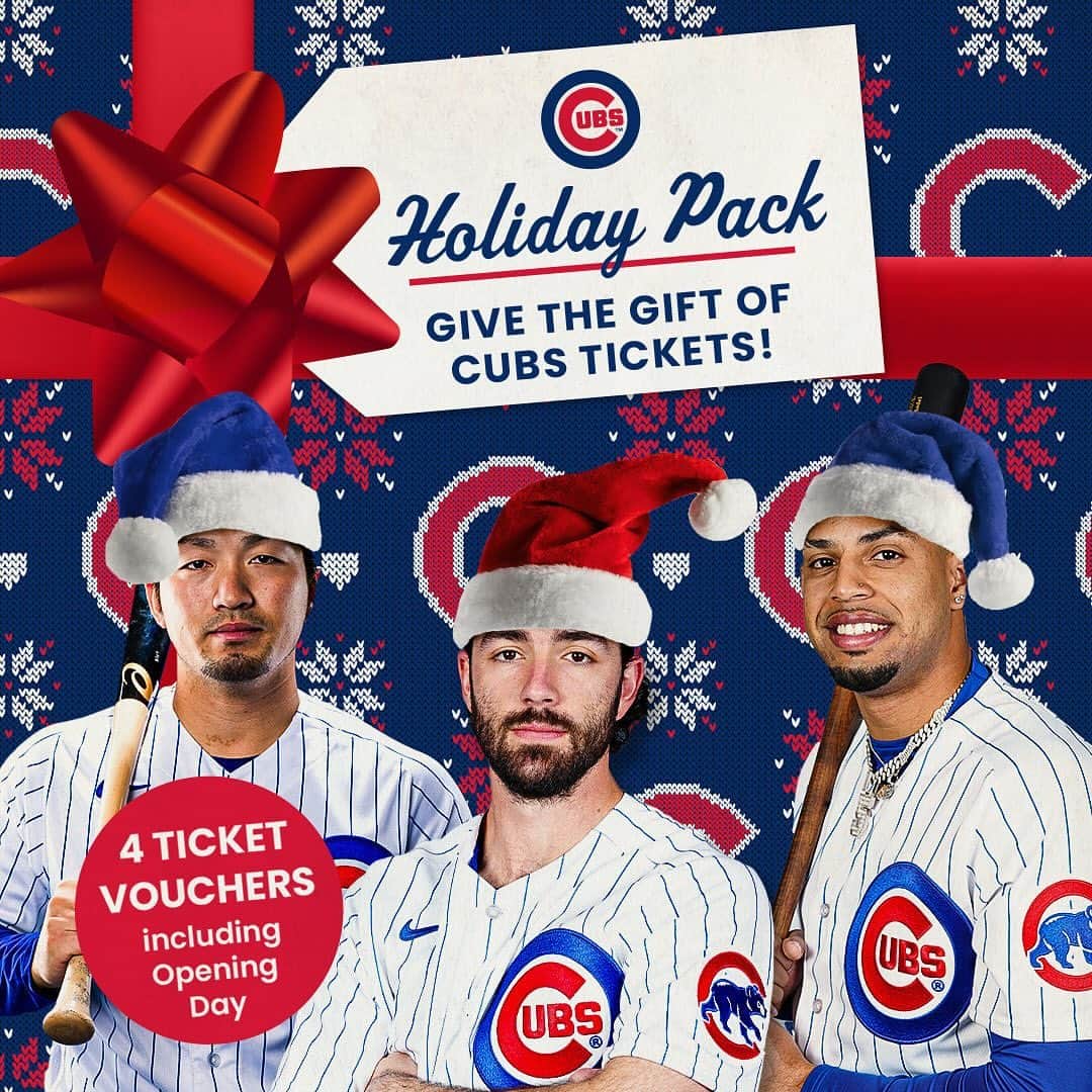 シカゴ・カブスのインスタグラム：「Give the magic of Cubs baseball this holiday season! 🎁  NEW this year, Holiday Packs include up to four complimentary admission tickets to #WintrustWinterlandatGallagherWay. Visit the link in bio to purchase.」