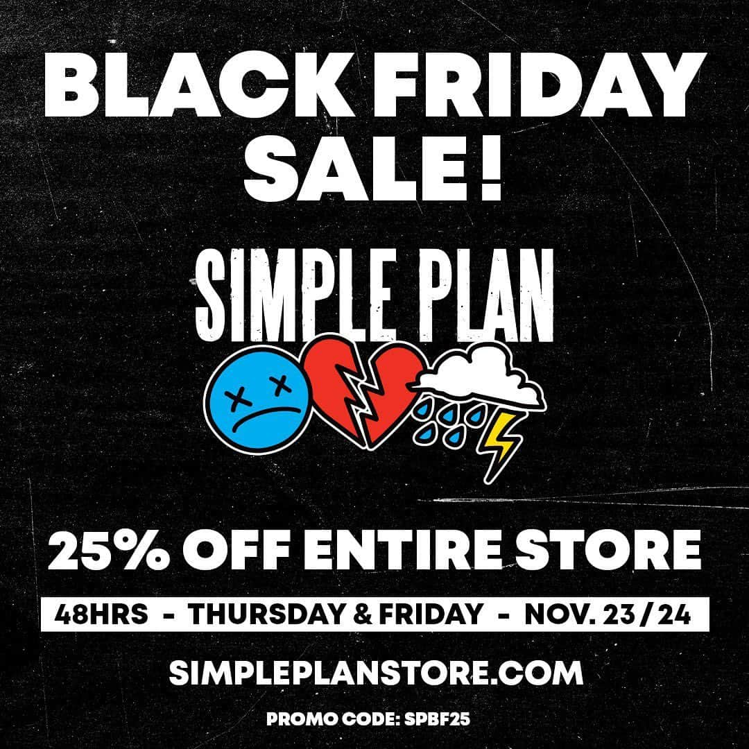 Simple Planさんのインスタグラム写真 - (Simple PlanInstagram)「ICYMI we're giving you 25% off our entire merch store for Black Friday! 🤩🤩🤩   The sale ends tonight so if you've had something on your list, now's the perfect time to grab it!   Head to simpleplanstore.com and use the code SPBF25 🙌🙌🙌」11月25日 1時38分 - simpleplan