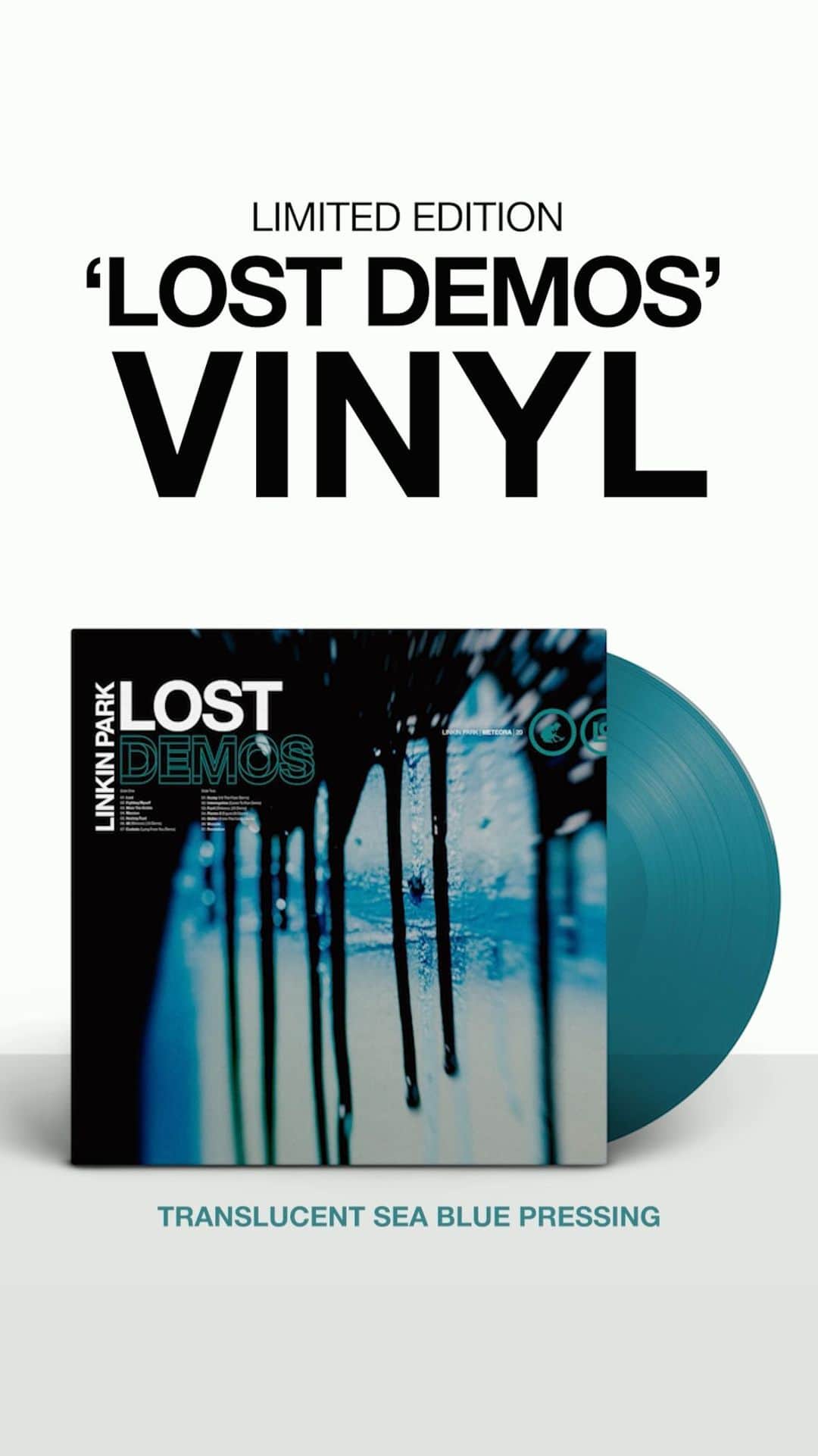 リンキン・パークのインスタグラム：「Available Now for #RSDBlackFriday - Limited Edition ‘LOST DEMOS’ Vinyl (Translucent Sea Blue) - Locate & Support your local record store - link in bio. @recordstoredayus #RSDBF」