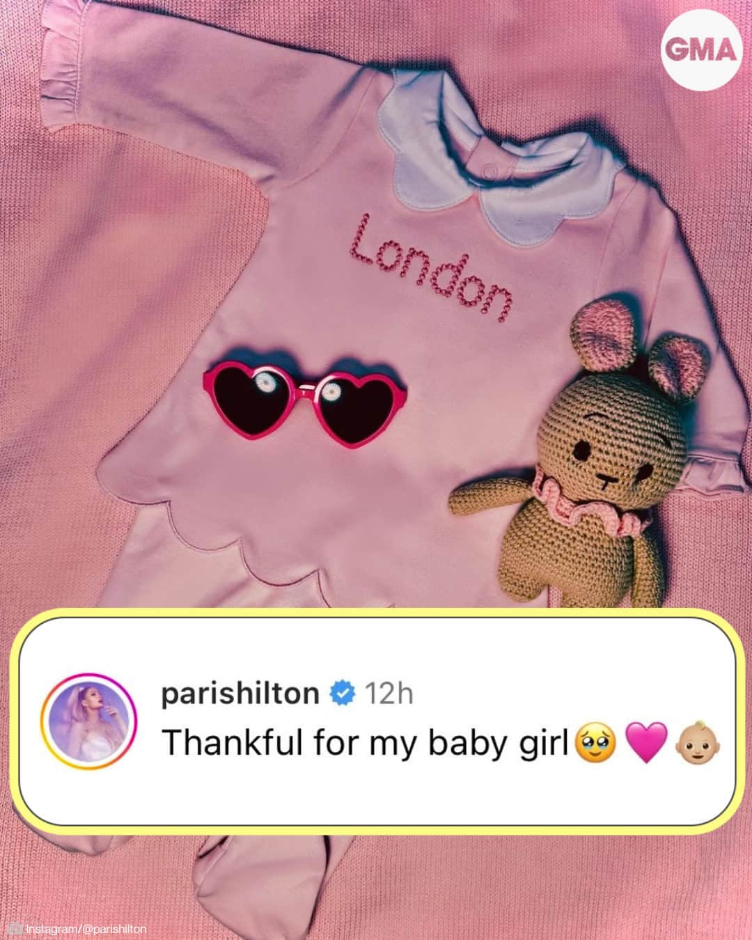 Good Morning Americaさんのインスタグラム写真 - (Good Morning AmericaInstagram)「@parishilton and husband Carter Reum have welcomed their second child together, and her name is everything! 💗  Hilton took to her Instagram on Thanksgiving to share a photo of a pink onesie with the word London embroidered on it. The photo also shows a pair of pink sunglasses with heart-shaped lenses and a crocheted bunny. More at the link in bio.」11月25日 3時30分 - goodmorningamerica