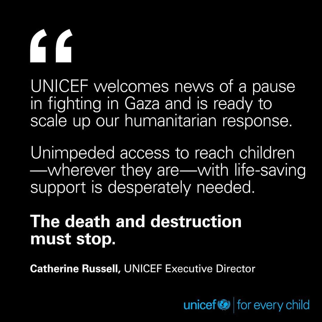unicefのインスタグラム：「UNICEF welcomes news of a pause in fighting in Gaza and is ready to scale up our humanitarian response.  Unimpeded access to reach children—wherever they are—with life-saving support is desperately needed.  The death and destruction must stop.」