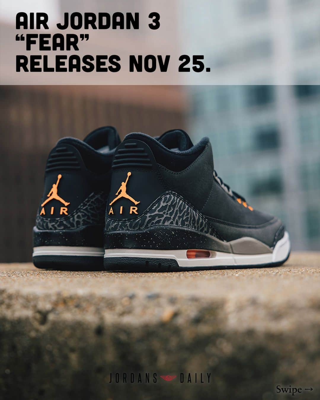 Sneaker News x Jordans Dailyのインスタグラム：「The Air Jordan 3 "Fear" releases November 25 for $210.  Link in bio for the Where to Buy list  Photos: @dtlrofficial」