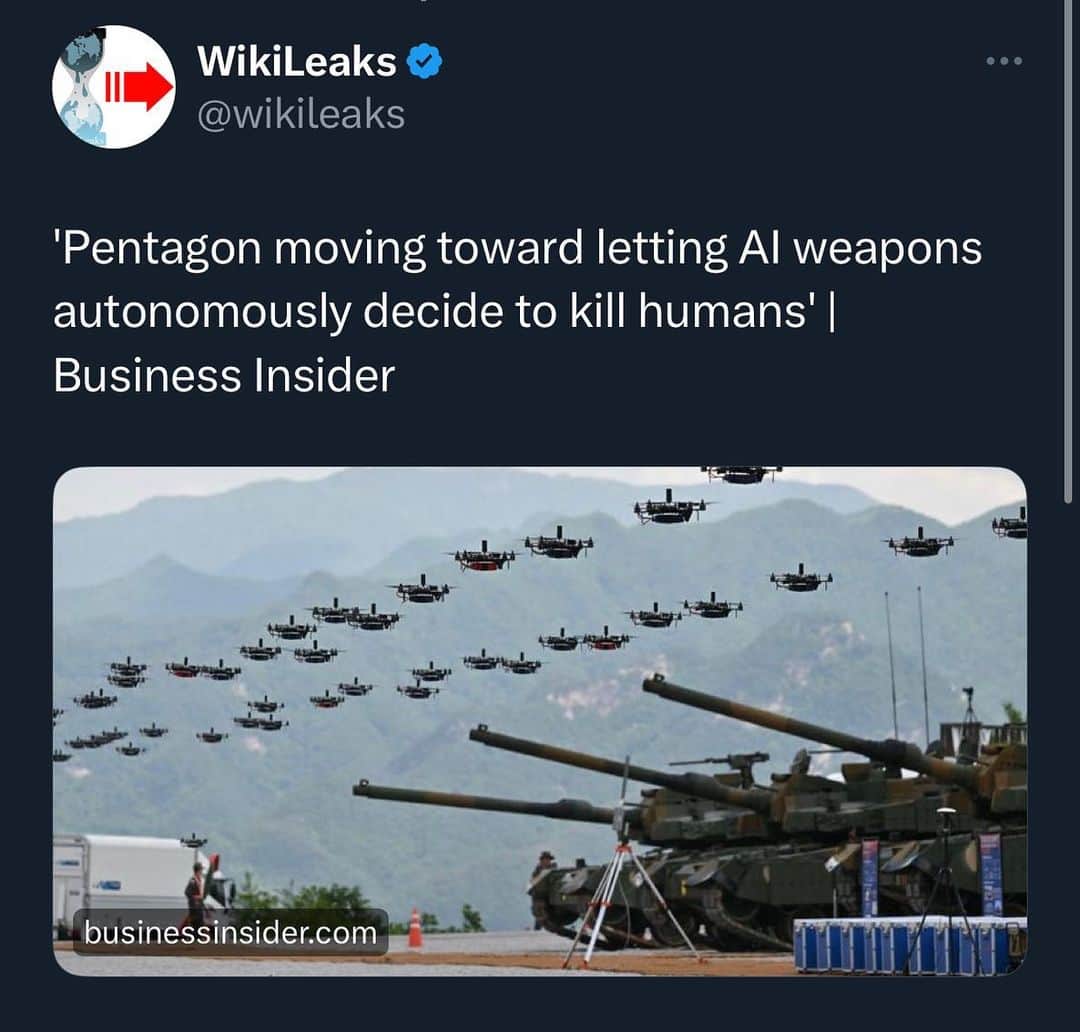WikiLeaksのインスタグラム：「The US is among countries arguing against new laws to regulate AI-controlled killer drones.  The US, China, and others are developing so-called "killer robots."  Critics are concerned about the development of machines that can decide to take human lives.」