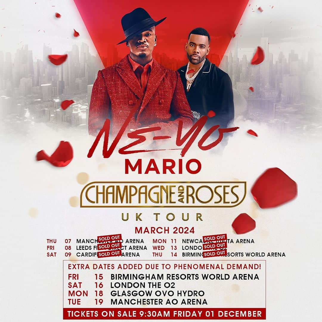 NE-YOのインスタグラム：「WOW! UK y'all really SHOWED OUT! Due to popular demand, I've added more dates to my CHAMPAGNE & ROSES Tour!! Tickets go on sale 12/1 at 9:30AM local time. Hit 🔗 in bio to sign up for the pre-sale!🥂🌹 #ChampagneAndRosesTour」
