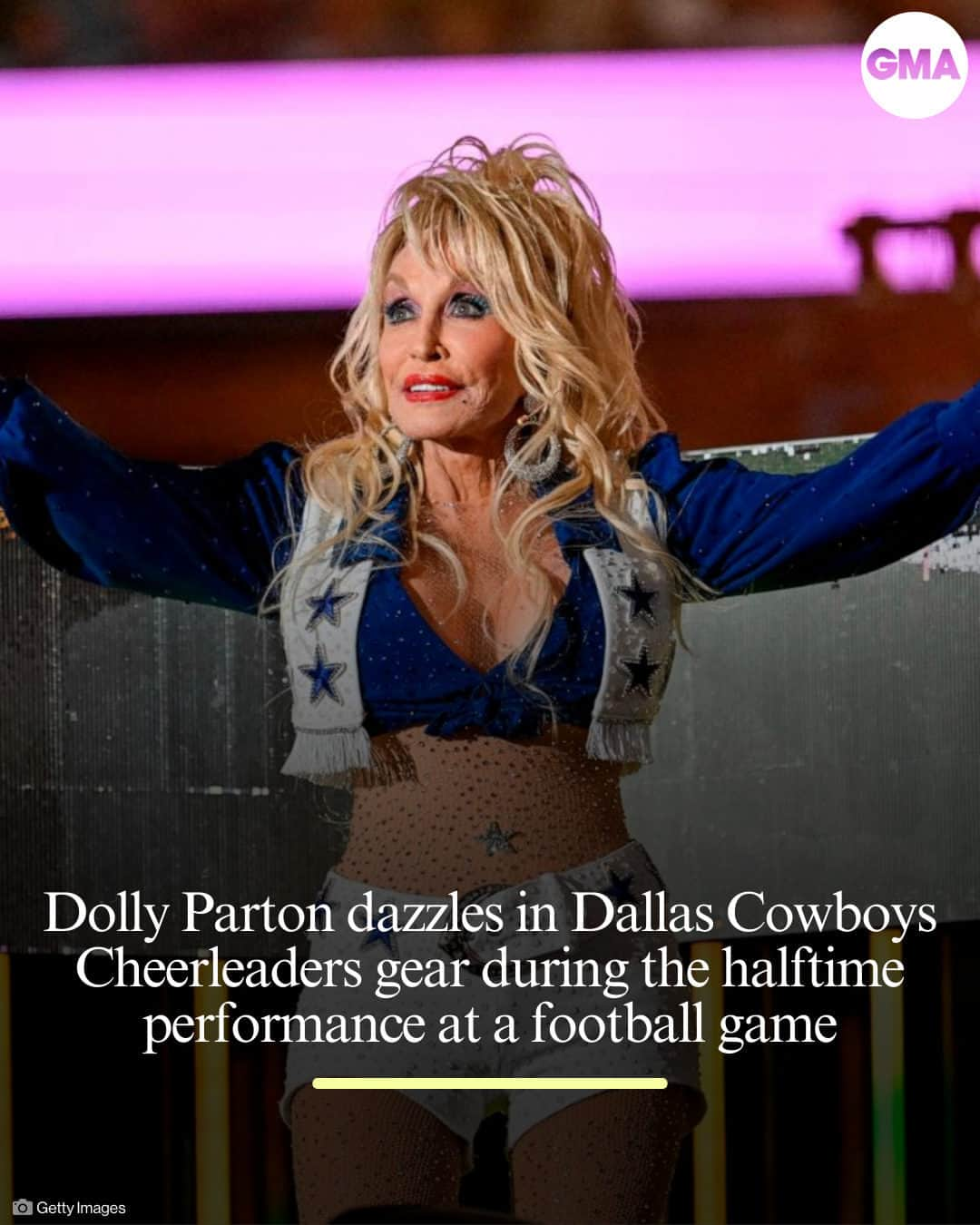 Good Morning Americaさんのインスタグラム写真 - (Good Morning AmericaInstagram)「@dollyparton rocked as the halftime performer for the Dallas Cowboys versus Washington Commanders @nfl game on Thanksgiving Day! ✨  The 77-year-old country music legend, who recently put out her first rock album, "Rockstar," took to the stage decked out in her best bedazzled Dallas Cowboys Cheerleaders gear.  MORE at the link in bio.」11月25日 6時00分 - goodmorningamerica