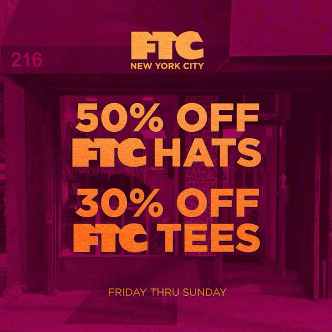 エフティーシーのインスタグラム：「@ftcnewyork In-Store Black Friday Sale Starting Today Friday 11/24 til Sunday 11/26 — 50% OFF Hats & 30% OFF Tees & $35 Shop Decks + @westernedition Decks 🌆 #ftc #forthecity #ftcskateboarding #ftcsanfrancisco #ftcjp #ftctokyo #ftcnagoya #ftcosaka #ftcnewyork」