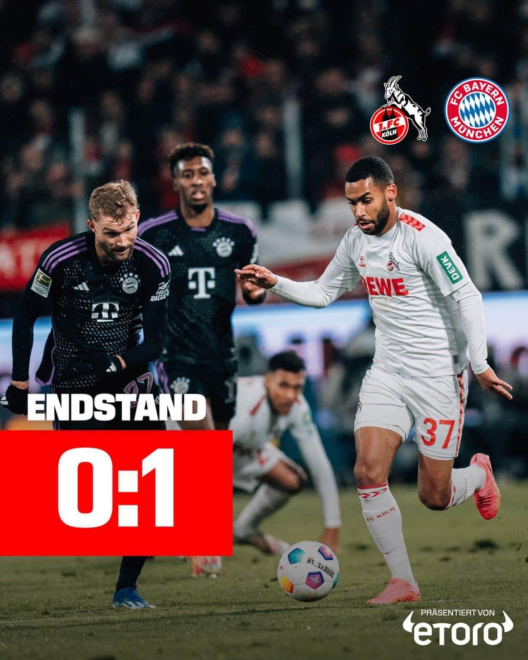 1.FCケルンのインスタグラム：「Schlusspfiff. Der #effzeh unterliegt dem FC Bayern München trotz mutiger Leistung mit 0:1. Schade, hier war mehr drin 😒  ___ 🐐 0:1 🥨 #KOEFCB」