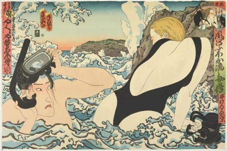 テート・ギャラリーのインスタグラム：「Masami Teraoka is a Japanese-born American artist who has lived in Hawaii since 1980—born in Onomichi in 1936. The four works shown here form part of the artist's 'Hawaii Snorkel Series', set in Hawaii and created in 1993. 🥽⁣ ⁣ Teraoka's work looks to depict clashes of cultures and encounters between different moments in time. His early works in particular are often satirical, combining the stylistic influences of Japanese woodblock printing and American pop art. In the first woodcut above, 'View From Here to Eternity', we see two figures emerging from waves that crash on to a rocky coastline. The white surf curls around the figures like fingers—Teraoka has said he wanted the waves to be deliberately 'caressing' the scene. The man on the left is removing his snorkel, and we can't help but follow his eyes which look straight to the women's bottom. The woman is holding her snorkling mask, suggesting that the duo have just met in a momentary break from swimming.⁣ ⁣ 🌊🌊🌊⁣ ⁣ Teraoka is an artist who uses humour to bring attention to often very serious social, political issues. To learn more about how artists have used comedy throughout history, listen to 'The Art of Comedy', one of 16 in our 'The Art of...' podcast series. 🎧 Click the link in our bio to tune in.⁣ ⁣ Masami Teraoka, View From Here to Eternity; Longing Samurai; Catfish Envy and Kunisada Eclipsed, all made in 1993.」