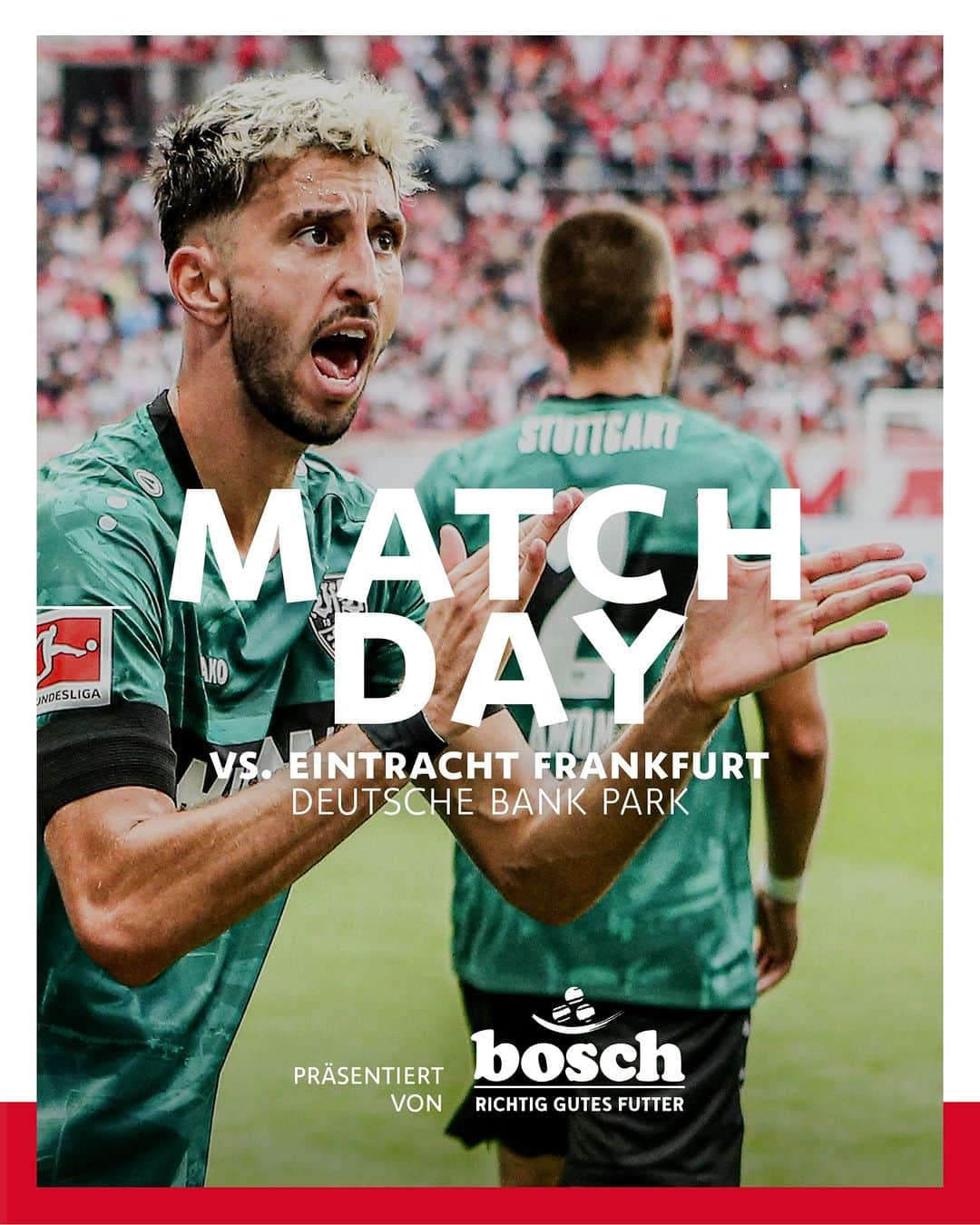 VfBシュトゥットガルトのインスタグラム：「🔥 M A T C H D A Y! 🔥 SWIPE ▶ Auf nach Frankfurt – und um die Punkte kämpfen! #Stuttgartkommt ⚪🔴💪  🔜 #SGEVfB | ⏰🗓 18:30 Uhr _ [Anzeige] @boschpetfood | #VfB #bundesliga #matchday #auswärtsspiel #stuttgart #furchtlosundtreu #vfbstuttgart #vfbstuttgart1893 #VfBInsta」