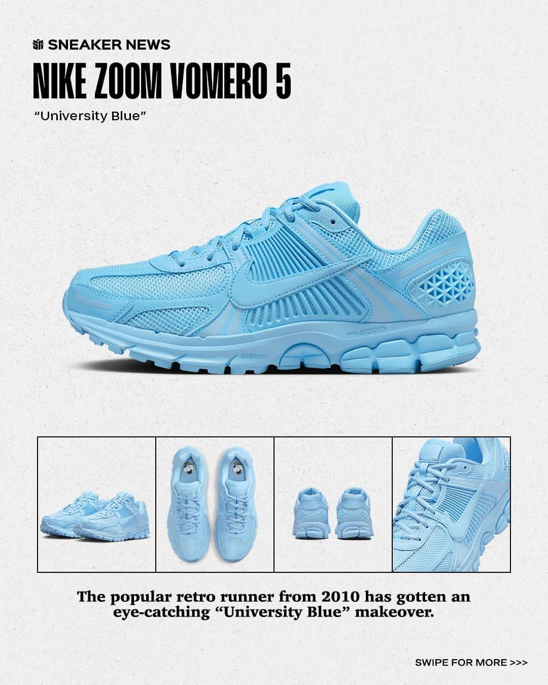 Sneaker Newsのインスタグラム：「"University Blue" 🤝 Nike Zoom Vomero 5⁠ ⁠ The Nike Running model from 2010 has had a huge 2023, and we suspect 2024 will be no different thanks to new styles like a new "University Blue" makeover. The eye-catching color is often associated with the Air Jordan line–and understandably so–but it looks at home on the Cushlon-cushioned pair. ⁠ ⁠ Tap the LINK IN BIO for full details.」