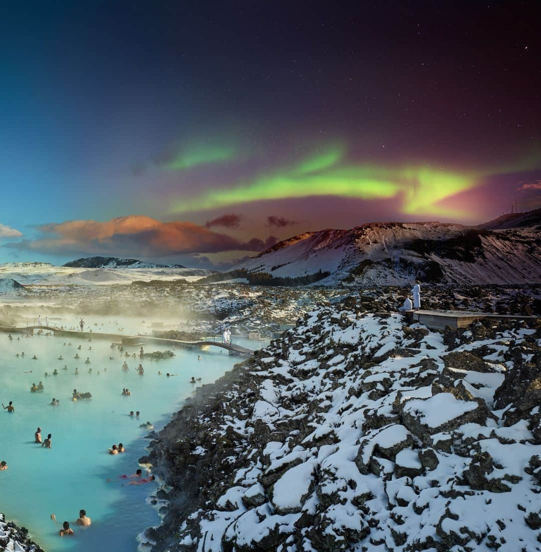 ナショナルジオグラフィックさんのインスタグラム写真 - (ナショナルジオグラフィックInstagram)「Photos by @stephenwilkes | In 2019 I traveled to Grindavik, Iceland, to capture the iconic Blue Lagoon for my Day to Night series. An otherworldly landscape with extraordinary colors, the lagoon consists of geothermal water from a nearby power plant that creates what’s essentially free energy. Therapeutic waters, a by-product of the plant, fill these beautiful, heated pools and has made the Blue Lagoon one of the most popular spas in the world.  I found an ideal setup overlooking the area from above, and my assistants and I remained outside on a rooftop deck for more than 30 hours. We began photographing just before sunrise, as the fog and steam from the lagoon began to create a surreal landscape. Turquoise water and silhouetted people became shrouded in a mysterious mist, disappearing and then reappearing every few minutes. I had seen photos of the surrounding rocks when they are covered in snow, and we were blessed that the stars were in alignment, as it snowed the night before our shoot. But the icing on the cake was witnessing the northern lights appear in the night sky … as if on cue.  The Blue Lagoon has been closed because of multiple earthquakes that are sparking fears of a volcanic eruption for so many who live in this beautiful region. A state of emergency has been declared and the area evacuated. Let’s hope that things settle down for all the people living in Grindavik and that life can return to normal soon.  In my Day to Night series, landscapes are portrayed from a fixed camera angle over the course of a full day. A select group of these images is blended into a single composite. To see more from my travels near and far, follow me @stephenwilkes.」11月25日 10時00分 - natgeo