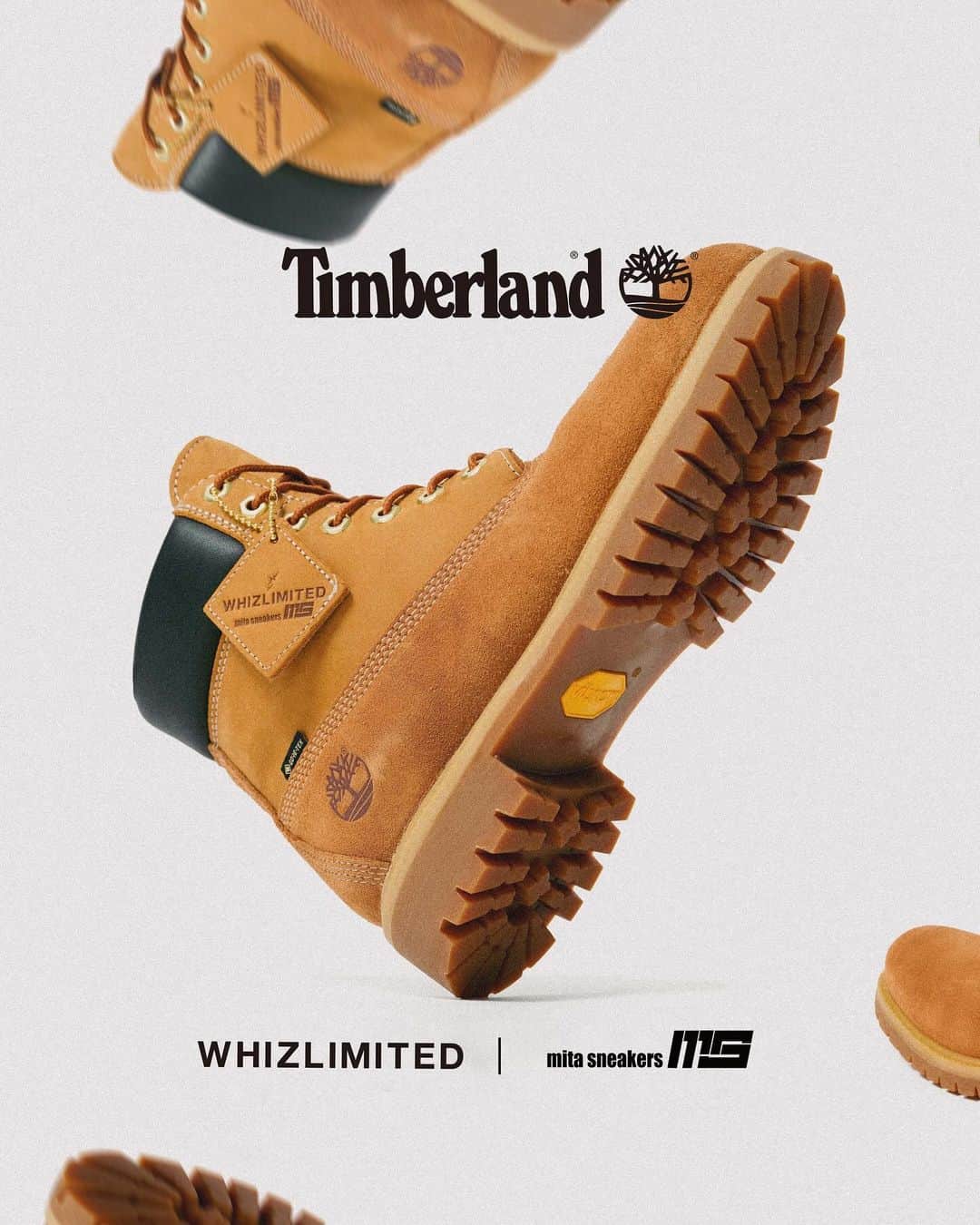 ミタスニーカーズのインスタグラム：「Timberland 6IN PREMIUM VIBRAM GTX “GORE-TEX” “WHIZLIMITED x mita sneakers”   エイジングを楽しむコラボブーツ  1973年に世界初の完全防水レザーブーツとして誕生し、通称“イエローブーツ”とも呼ばれている＜ティンバーランド＞の傑作6インチブーツ。クラシックなスタイルはそのままに、LWG（レザーワーキンググループ）認定を受けているタンナリーで生産された「BETTER LEATHER」を採用。内部には保温性の高い「PrimaLoft® Insulation」や疲れを軽減し衝撃を吸収する「ANIT-FATIGUE TECHNOLOGY™」のフットベッドの搭載など、良好な履き心地でタウンからアウトドアまで幅広く活用できる定番アイテム。本作は、＜WHIZLIMITED＞と『mita sneakers』がチームアップした三者によるコラボレーションモデル。上質なスウェードとヌバックのコンビアッパーに足元をドライで快適に保つ防水透湿素材「GORE-TEX®」、グリップ力と耐久性に優れる「Vibram®」のラバーラグアウトソールを搭載して機能面をアップグレード。エンジニアブーツのように履き込むほどに魅力的なエイジングが楽しめるようにデザインされており、両者によるこだわりのアプローチによって再構築したスペシャルな1足。  Photo - @yutto0129」