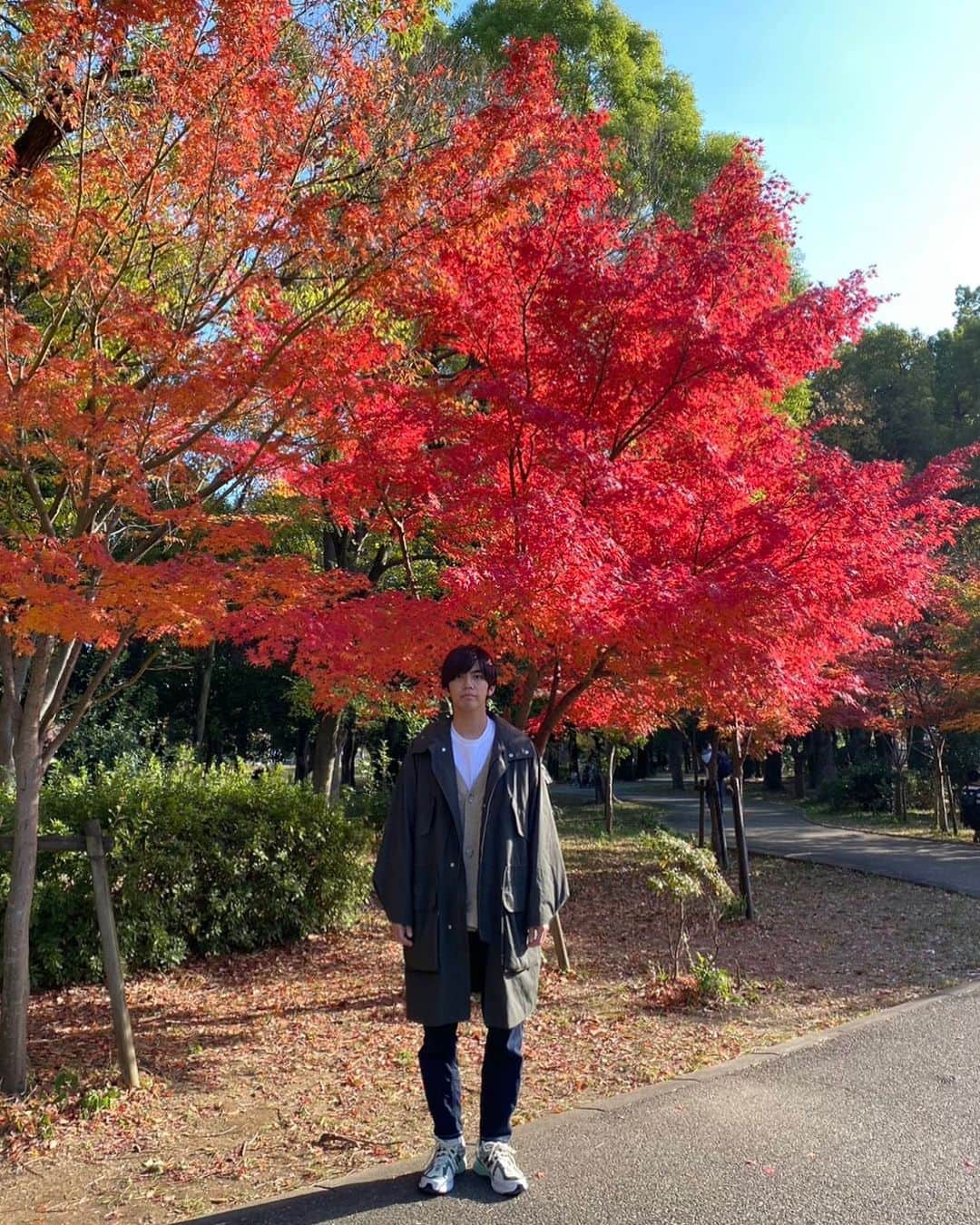 竹下健人のインスタグラム：「🍁  秋が終わる前に。  #photo #instagood #fyp #ootd #uniqlou #a #lee #newbalance #ald1906r  #Autumn #fall #紅葉 #colors  #役者 #俳優 #竹下健人」