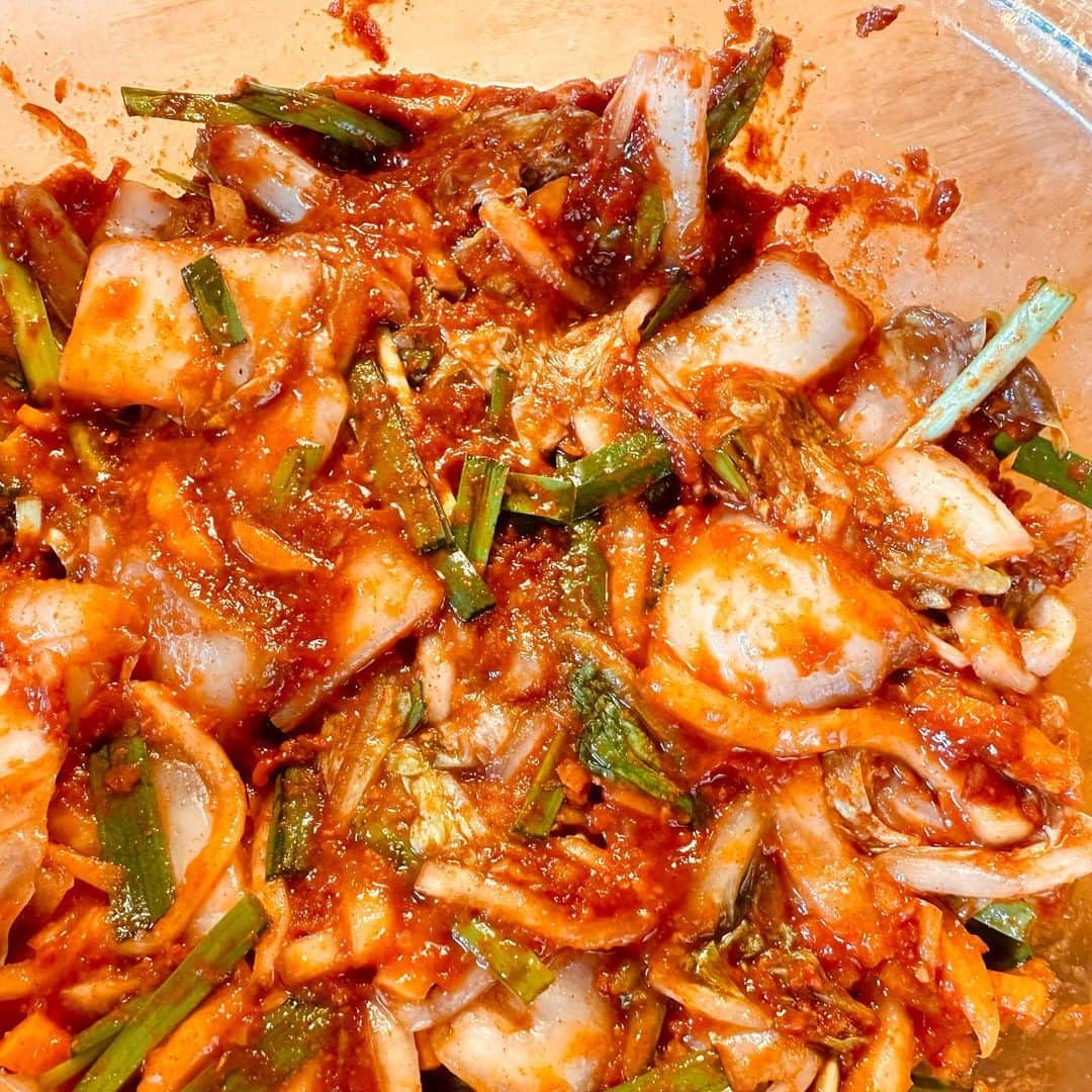佐藤尚之さんのインスタグラム写真 - (佐藤尚之Instagram)「11月の野菜料理は「ヴィーガンキムチ」を作ったよ。  キムチ、食べたかったんだ〜。 なんか涙が出るくらいうれしいな。  キムチはアミ（小さな海老）を使い、アミはアニサキスの卵や幼虫を食べるので、アニサキスアレルギーの人にはとても危険な食べ物。 アミを使わなくてもイカの塩辛やナンプラーを使用する。いずれも食べられない。  ヴィーガンキムチを売ってる店もあるのだけど、わりと高いし常備はできなかった。でも自分で作れるなら話は別だ。あぁうれしい。  何度も作って上手になろうそうしよう♪  #ヴィーガンキムチ  #アニサキスアレルギー  #旬の野菜料理を覚えたい」11月25日 13時10分 - satonao310