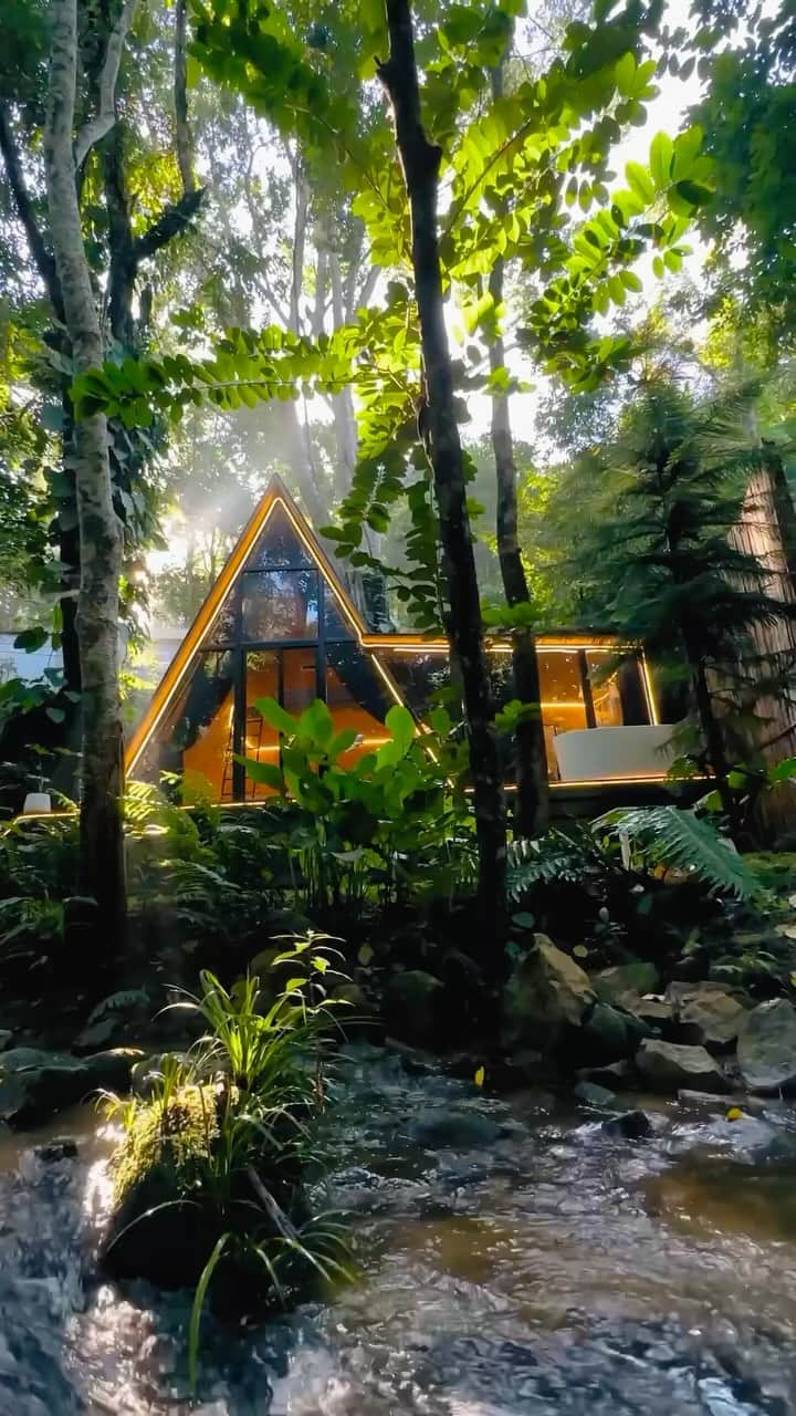 BEAUTIFUL HOTELSのインスタグラム：「@sunny_rung discovers the tranquil beauty of Norden Glamping in Chiang Mai, Thailand. 🌿 This modern cabin sits in a lush secluded spot, perfect for taking an outdoor bath and enjoying the sounds of the nearby stream and forest beyond. 🛁  Who would you like to stay here with? 🇹🇭  📽 @sunny_rung 📍 @norden_glamping, Chiang Mai, Thailand 🎶 INST - golden hour (Instrumental)」