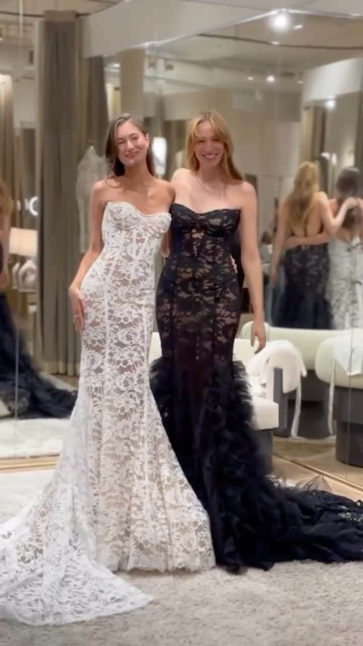 Galia Lahavのインスタグラム：「When your bridal dreams clash, but lace unites! Besties embracing opposite tastes, yet finding common ground in the full lace beauty of the Evita gown. White Swan or Black Swan – which side of the aisle are you on? 🦢🖤 #GaliaLahav #GLbride」