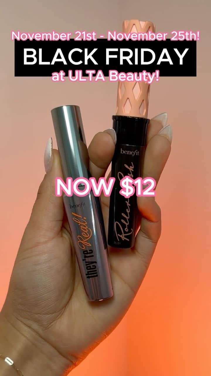 Benefit Cosmeticsのインスタグラム：「Last chance! 😉 Don’t miss out on @ultabeauty’s offer & grab a FULL-size Roller Lash Mascara or They’re Real!⁠ Mascara for just $12 each! ⁠ ⁠ Tag your mascara-loving bestie to let them know! 💬⁠🎀⁠ ⁠ #benefitcosmetics #ultabeauty #blackfriday #deals⁠」