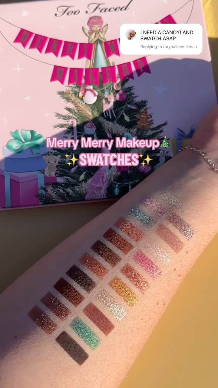 Too Facedのインスタグラム：「you asked, we answered! 😘✨🎄 Check out our Merry Merry Makeup Swatches featuring 21 limited-edition eyeshadow shades, plus 2 blushes, 1 highlighter, and 1 bronzer! 🎁Tap to shop! #toofaced #tfcrueltyfree」