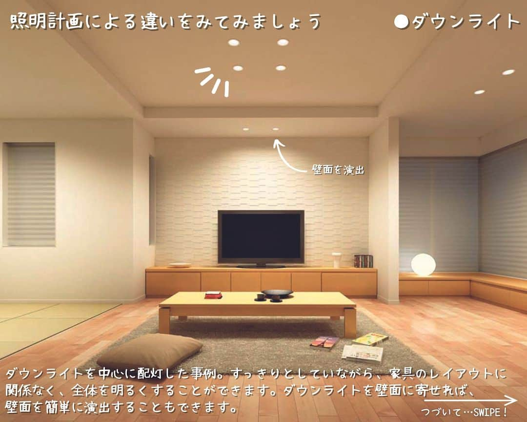 ミサワホーム株式会社さんのインスタグラム写真 - (ミサワホーム株式会社Instagram)「@misawahomes⠀ ホテルライクな空間にしたい方必見！　#間接照明のある暮らし   ￣￣￣￣￣￣￣￣￣￣￣￣￣￣￣￣ ＜vol.5＞間接照明ポイント①（リビング編）  ＜vol.4＞でご紹介した「寝室編」につづき、「リビング」におけるダウンライトと間接照明の雰囲気の違いや間接照明にする上でのポイントを実例をまじえて紹介します。 ぜひ参考にしてみてください。  【リビングでのポイント】 ①ダウンライトと間接照明を組み合わせる場合、相互の位置が近くなりすぎないようバランスを考えましょう。  ②間接照明のランプは横の壁ギリギリまで入れないようにすると、美しく見せることができます。  ③必要な場所に適したあかりを配置する【多灯分散】を取り入れると、生活シーンに合わせて暮らしに最適な光環境を実現することができます。  次回は番外編として「間接照明のポイント」をご紹介します！ お楽しみに♪  ▼ご紹介した展示場はこちら▼  表紙 ・ミサワホーム九州　ＫＢＣマイホーム展小倉展示場 https://www.misawa.co.jp/navi/office/fukuoka/9675?tid=1 @misawa_home_kitakyushu   pic6 ・ミサワホーム九州　hit久留米展示場 https://www.misawa.co.jp/navi/office/fukuoka/8228?tid=1 @misawahome_fukuoka    ￣￣￣￣￣￣￣￣￣￣￣￣￣￣￣￣ #misawahome  #ミサワホーム  #ミサワホーム注文住宅  #新築戸建て #一戸建 #住宅デザイン  #デザイナーズ住宅  #建築事例 #施工実例 #高天井 #蔵のある家 #間接照明 #コーニス照明 #コーブ照明 #照明デザイン #照明計画 #照明器具 #リビング照明 #インテリア照明 #照明好き #癒やしの空間 #ホテルライクな家 #ホテルライクな暮らし #ホテルライクインテリア #スタイリッシュな家 #スタイリッシュモダン #家づくりのアドバイス #モデルルーム #モデルルームインテリア」11月25日 19時00分 - misawahomes