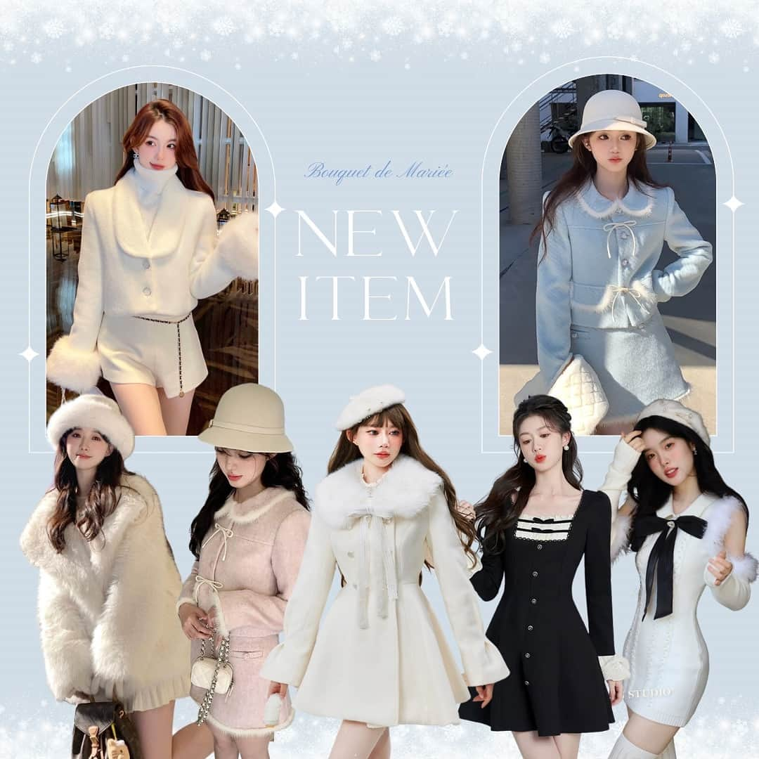 𝐵𝒐𝒖𝒒𝒖𝒆𝒕𝒅𝒆𝑴𝒂𝒓𝒊𝒆𝒆のインスタグラム：「. ⛄️𝐍𝐄𝐖 𝐀𝐑𝐑𝐈𝐕𝐀𝐋⛄️ ⁡ 新作アイテムを追加しました🥂𓏸𓈒 ⁡ アウターフェア対象の アイテムもございます⸜♡⸝ ⁡ 詳しくはサイトをチェック🏹 ⁡ ˗˗˗ ⁡ #BouquetdeMariee #ブーケドゥマリエ #アウター #秋コーデ #冬コーデ #ワンホンコーデ #ワンホン #量産型コーデ #韓国アイドルコーデ #メンカラコーデ  #参戦服コーデ #アフヌンコーデ  #フレンチガーリー」