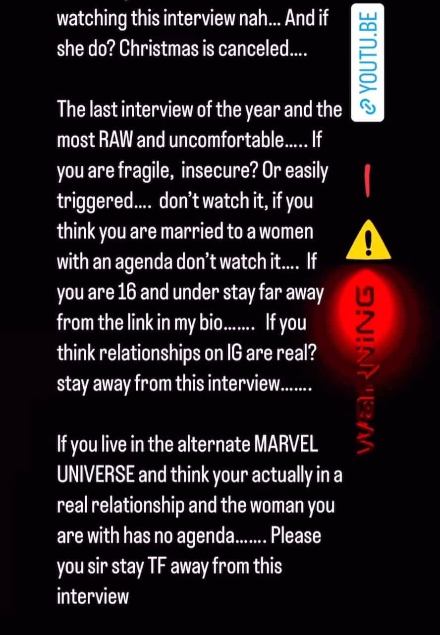 タイリース・ギブソンのインスタグラム：「Zelie needs to stay far away from this interview if she watches even 10 mins of this?  I promise you all of our Christmas plans will be canceled ❌   if you’ve ever been cheated on your girl and publicly exposed? Don’t watch this….   if you think you’re in a relationship with a arrogant narcissist, male or female don’t watch this   if you were dating a singer, rapper, actor, or any serial entrepreneur, and he’s a man and he’s always on the road?  don’t watch this….   If you’ve ever questioned your man’s sexuality don’t watch this   For all of you FAKE MATURE nighas who think of your girl as your BESTY…. Don’t watch this with your girl…..  watch this alone….   If you have one of those group chats with 30 to 50 on it don’t send this out….   You will def break nighas up with their girls before Christmas….   If you and your girl have been arguing a lot lately don’t watch this…. If you fragile or insecure and you a certified weak bitch a nigha don’t watch this….. If you think the relationship you are in right now is real? Don’t watch this……. If your marriage is on the brink of divorce don’t watch this….. if you are a professional BABY MOMMA and you are sticking your BD up right now for money?  You are not gonna like me very much……. Fellas if you’ve had any kind of Baby Momma Drama I don’t care if it was 10 year ago don’t watch this interview you will be triggered it’s going to fuck your week up…….. You’ve been warned - [ you ain’t gonna listen but you’ve been warned ]. You still there?  Coo?   trigger WARNED ⚠️   [ Link is in my instagram bio ]」