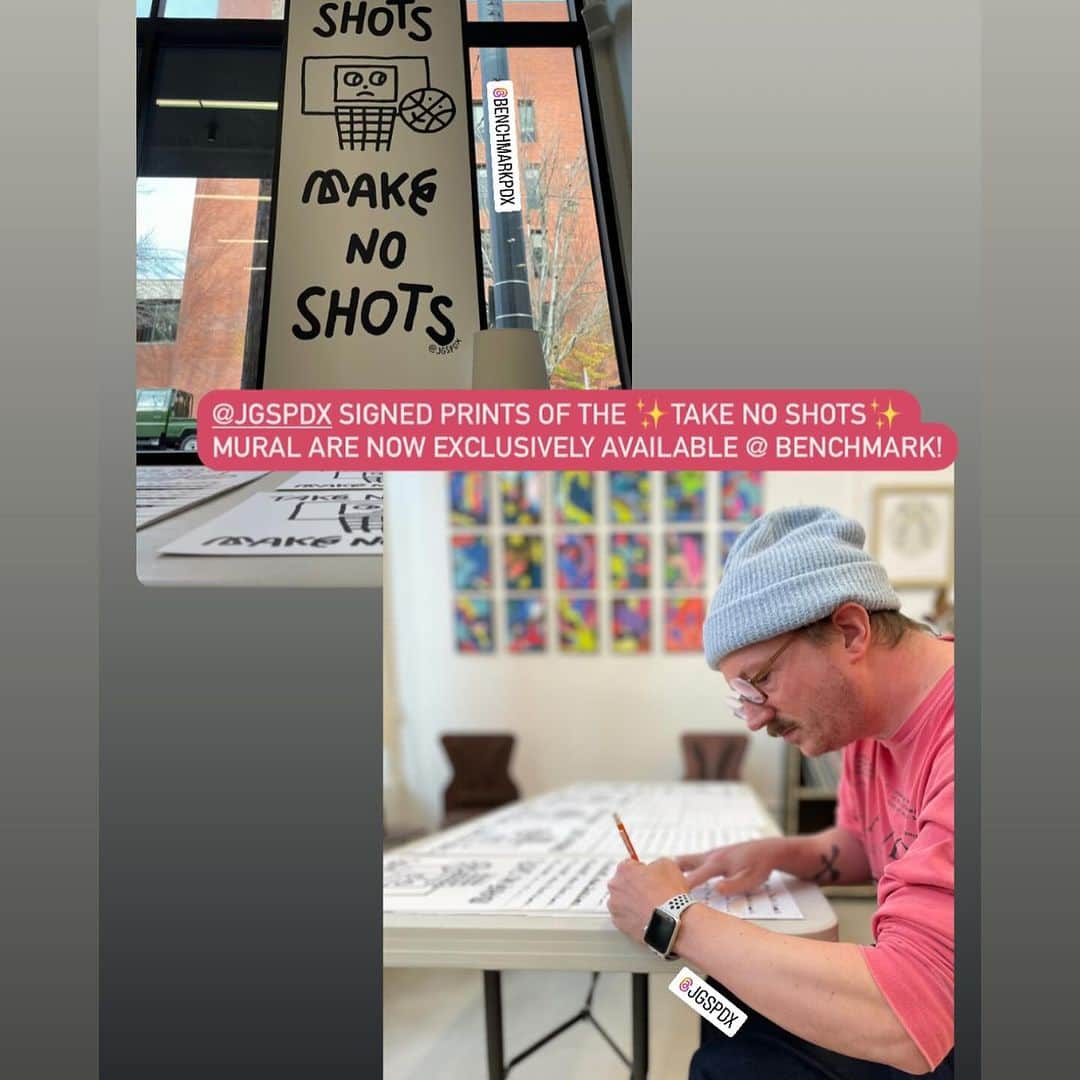 Jason G. Sturgillさんのインスタグラム写真 - (Jason G. SturgillInstagram)「Pull up to @benchmarkpdx today for small business Saturday and pick up a limited edition print of the “take no shots make no shots” piece that I painted on their wall. @bykarleepatton is going to be there giving bad portraits and there will be treats! 2280 NW Lovejoy St. 11am-6pm」11月26日 2時48分 - jgspdx