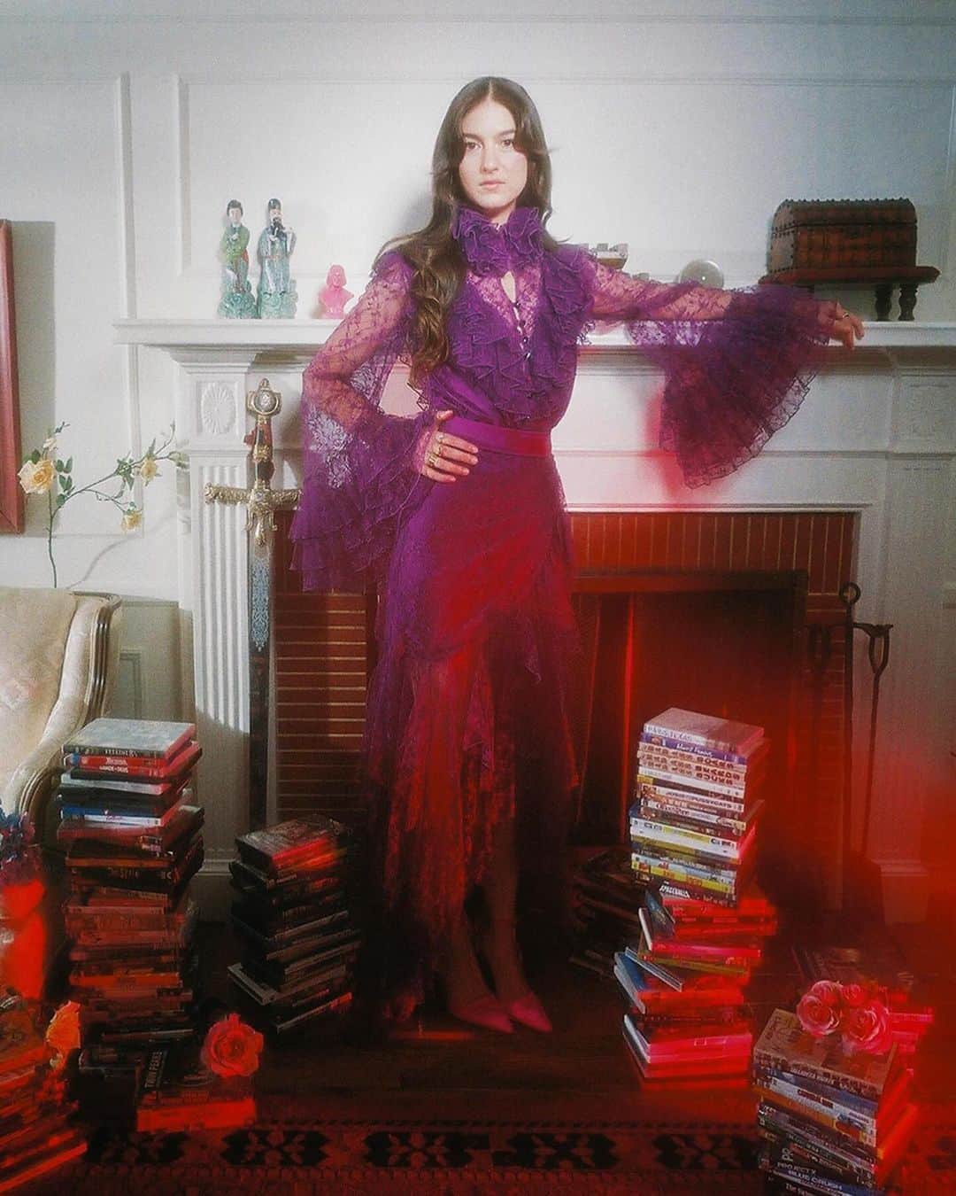 ロダルテのインスタグラム：「@weyesblood wears Rodarte’s SS19 Purple Lace Ensemble for @schonmagazine.  Photo by: @ambarbecutie, styled by: @lindseyhartman.  Photo and Lighting Assistant: @max_flick, EP: @choxiee, HMU: @leticiallesmin, Set Dresser: @charles_han, Art Assistant: @tarazorthian  #rodarte #weyesblood」