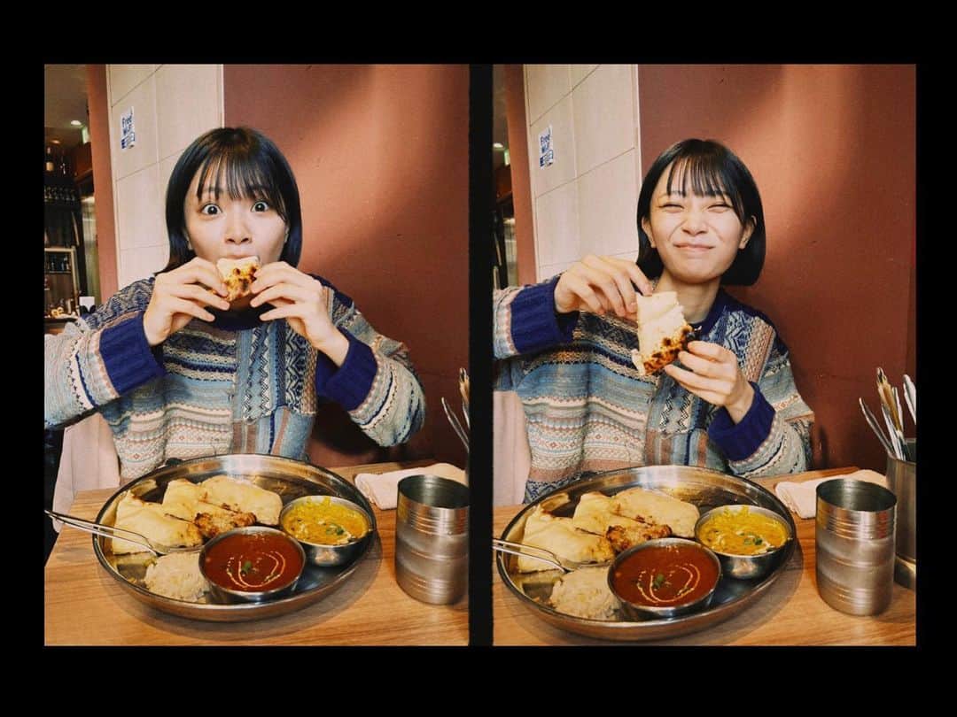 日高里緒さんのインスタグラム写真 - (日高里緒Instagram)「スリランカ料理食べようと思って行ったけど ちょうどお昼だけお店閉まってた。。　  こういうとがよくあります。笑  ちゃんと調べていかないと〜　  ということで近くのインドカレー屋さんに🍛  あまりのナンの美味しさに驚いてるりおです  目見開きすぎ…笑  これはパンじゃなくて飲み物でした、、、  マトンカレーというものと  豆カレーをチョイスしたよ✌︎  中辛にしたけど甘かった！  世界のご飯を食べ尽くす旅は  まだまだ始まったばかり…⭐︎  #カレー#インドカレー#チーズナン」11月25日 21時53分 - rio_hidaka