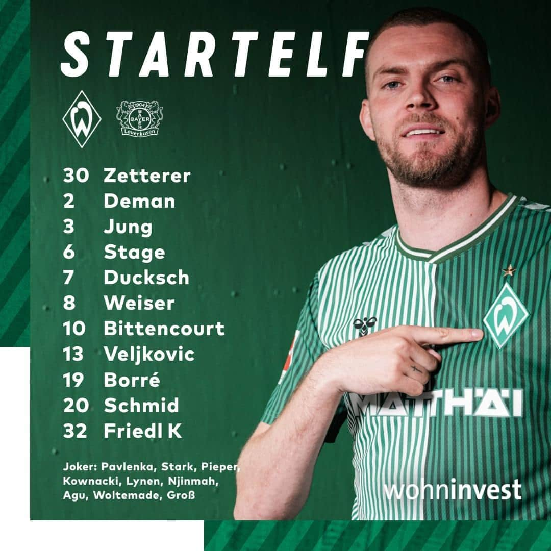 ヴェルダー・ブレーメンのインスタグラム：「Mit Ole Werner an der Seitenlinie: Werder vertraut zum vierten Mal auf die gleiche Startelf 💪  Auf geht's, Jung's! 💚⚽ _____ #werder #bremen #svw #llgw #svwb04」