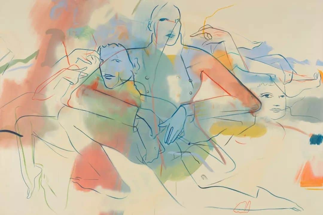 テート・ギャラリーのインスタグラム：「‘Life becomes the vehicle you’re driving.’ - France-Lise McGurn 🚗 🎨  McGurn’s painting ‘Get in the Car’ was created for her solo exhibition at Tate Britain in 2019. McGurn has said that the title is a phrase her mother would use when commanding her five children on family outings. Here it references the priority shift that occurs with becoming a parent, having new responsibilities but also feeling fortified through building a family.  In her work, McGurn uses swift brushstrokes and repeated marks to create loose associations about place and history. Figures and forms overlap and spill from the canvas onto the gallery walls, floors and ceilings as she draws from nostalgia, popular culture, sexuality, ecstasy, loss and consciousness.   🖌️ France-Lise McGurn, Get in the Car, 2019 © France-Lise McGurn」