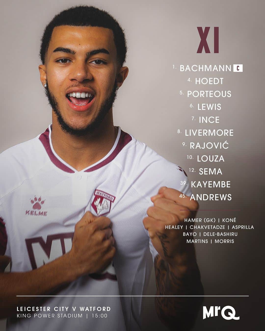 ワトフォードFCのインスタグラム：「🚨 𝗧𝗘𝗔𝗠 𝗡𝗘𝗪𝗦  Here are your Hornets for the afternoon! 🙌  #WatfordFC」
