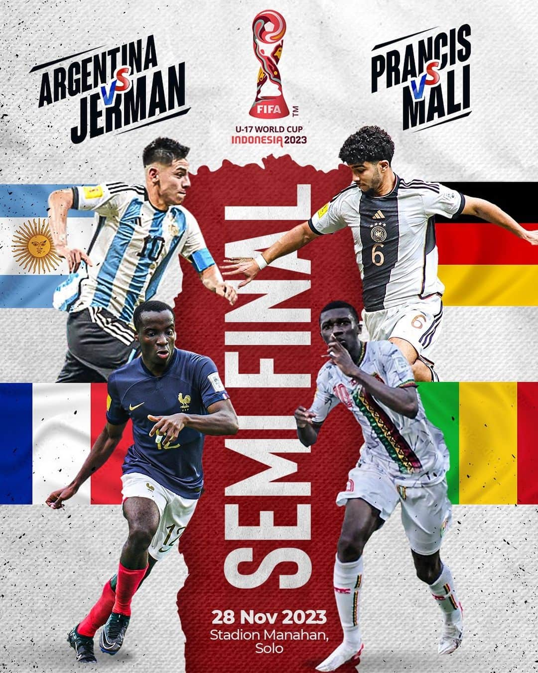 エリック・トヒルのインスタグラム：「FIFA U-17 World Cup 2023 di Indonesia semakin dekat ke partai puncak. Empat negara yaitu: Argentina, Jerman, Prancis, dan Mali menjadi negara yang akan berjuang meraih trofi FIFA U-17 World Cup.  Semifinal dan final akan digelar di Stadion Manahan, Solo. Mari kita ramaikan dan sukseskan FIFA U-17 World Cup sampai partai final!  #U17WC」