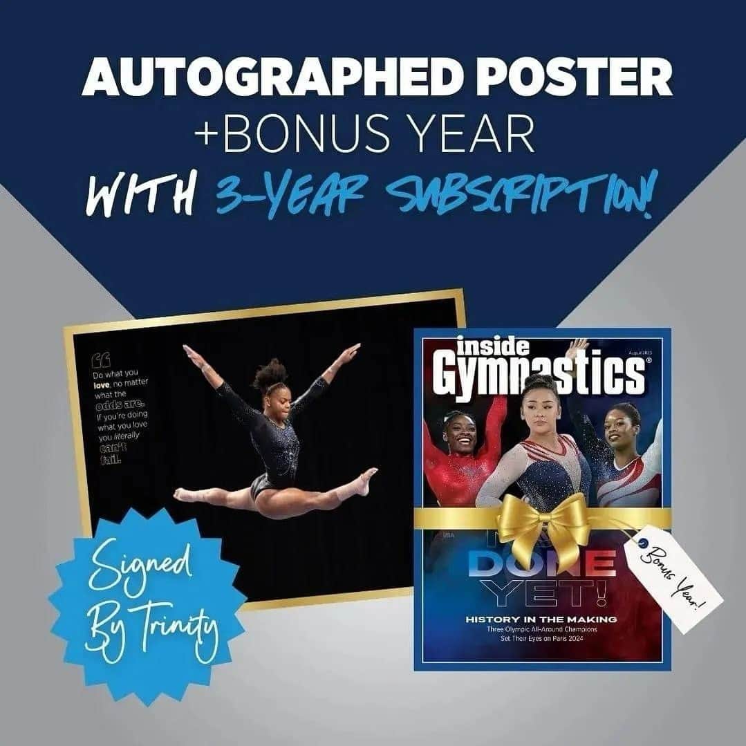 Inside Gymnasticsのインスタグラム：「🎁 Now through Cyber Monday, get a Free Trinity Thomas Autographed Issue + a Bonus Year with a 3-Year Subscription! Perfect gift for the gymnast or gymnastics fan in your life! Head to ➡ www.shopinsidenation.com  #gymnastics #gymnast」