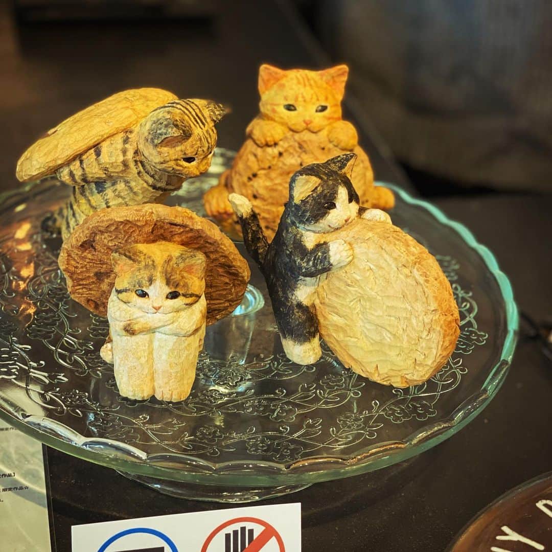 花房さくらのインスタグラム：「猫たちもお菓子のように飾られて🍪  #五七五  #pausecoffee  #woodcarving #cat #sculpture #hanafusasakura」