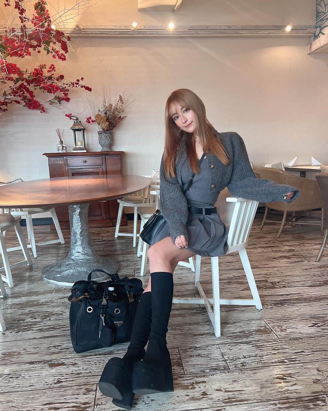 のインスタグラム：「𝐂𝐚𝐟𝐞☕  ロンくんとカフェでランチ🎶 東京ってワンちゃんと行けるカフェ 本当にたくさんあるよな〜❤︎‪❤︎‪  knit @resexxy_official  skirt @emoda_official  boots @emoda_official   #resexxy #emoda」
