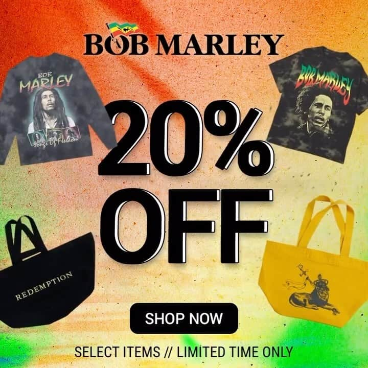 ボブ・マーリーのインスタグラム：「NOW through Tuesday! 🛍️🏷️ take 20% OFF select items on the @marleyshop web store at the link in bio ✌🏾  #bobmarley #reggae #holidaysale #blackfridaysale #cybermondaysale #bandmerch #artistmerch」