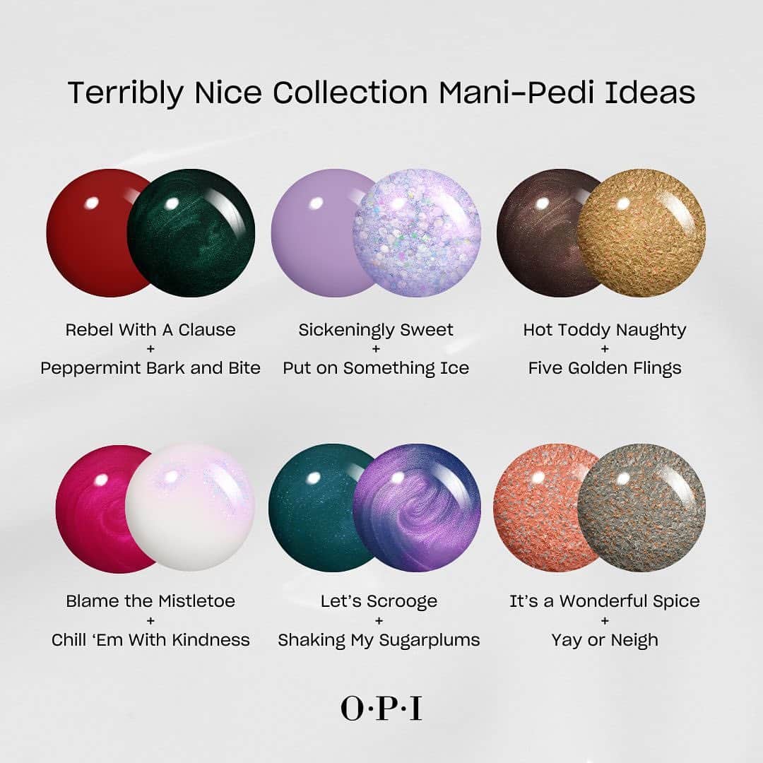 OPIのインスタグラム：「From hand to mistletoe 💅🎄 Bring on kissmas in Blame the Mistletoe + Chill ‘Em With Kindness 💋 or spice up the szn in It’s a Wonderful Spice + Yay or Neigh. 🦌   Which holiday mani-pedi combo are you fa-la-la-ing for?   #OPI #OPIObsessed #OPITerriblyNice #HolidayNails #ManiPedi」
