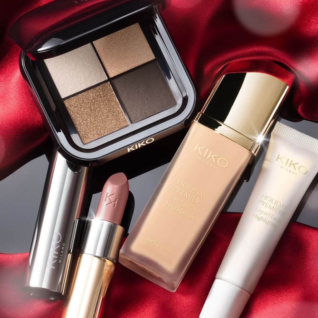 KIKO MILANOのインスタグラム：「⚠️Tomorrow is the last day to take advantage of #KIKOBlackFriday Promo! Did you tick off every item on your shopping list? 🛍 Hurry, shop your Christmas gifts now! 🎁 Limited stock available!⁣ ⁣ Holiday Première 24H Lasting Foundation 05 - Holiday Première Liquid Face Highlighter 02 - Bright Quartet Eyeshadow Palette 01 - Gossamer Emotion Creamy Lipstick 103⁣」