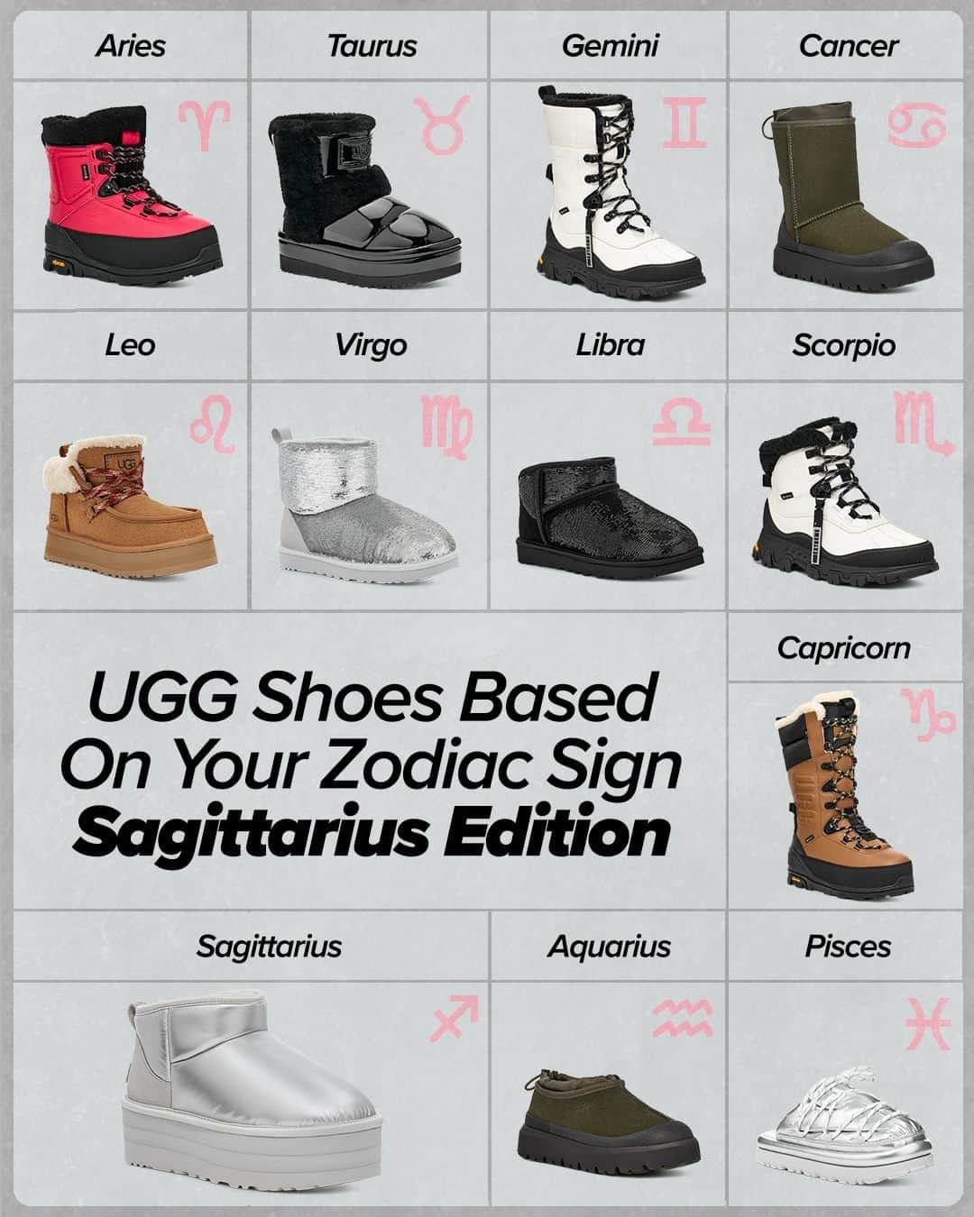 アグのインスタグラム：「Will the Sagittarius please stand up?  Let us know if the Classic Ultra Mini Platform Hi Shine is the perfect shoe to start Sagittarius season. ♐️  #UGG #FeelsLikeUgg #Zodiac #Sagittarius #ColdWeatherShoes」