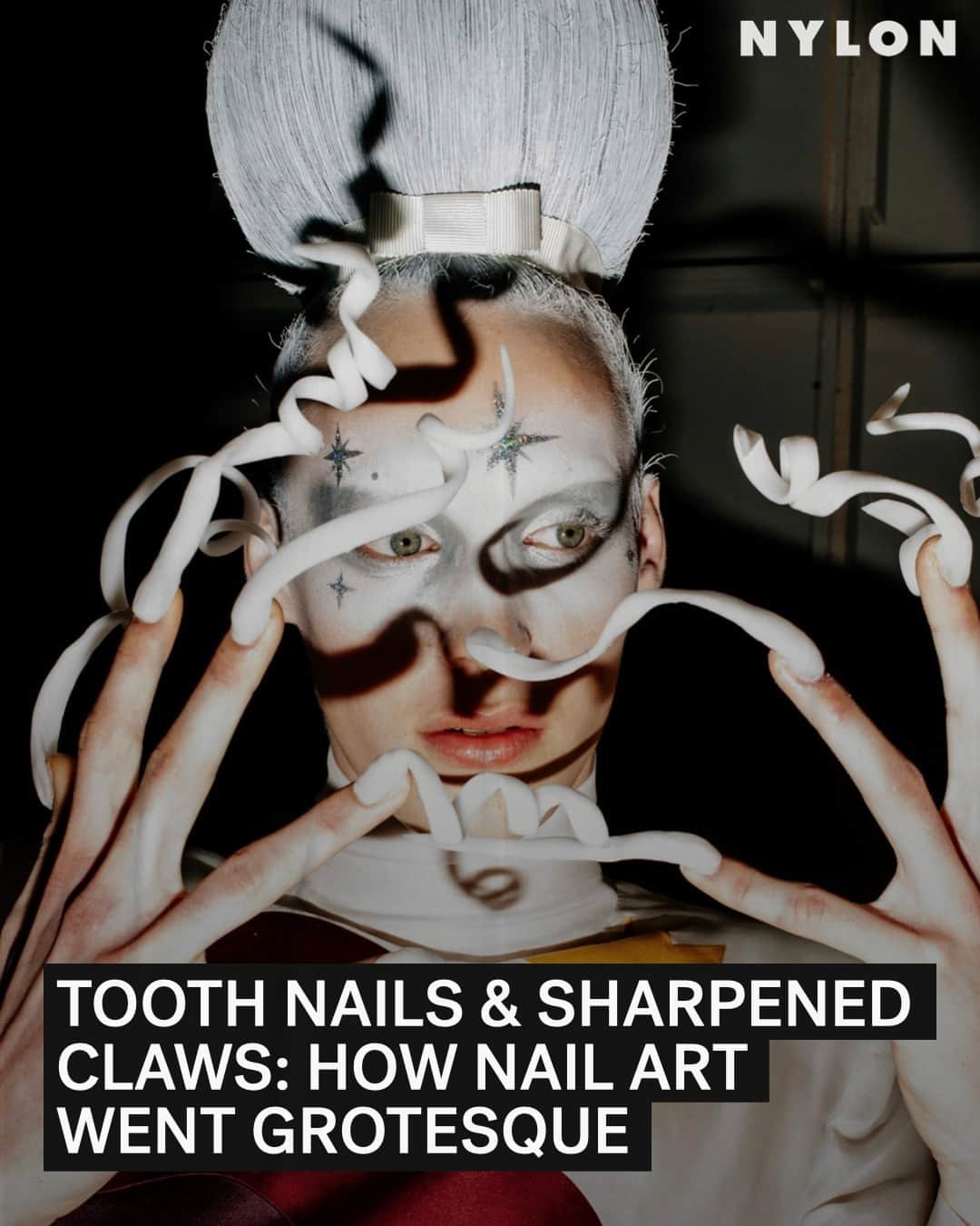 Nylon Magazineのインスタグラム：「Recently, we’ve seen “ugly” fashion trends turn into even uglier beauty trends... and it seems nails are getting the latest treatment now. From tooth-like manicures to sharpened claws to designs with animal bones, @laurapitcher dives into the growing grotesque and surreal nail art world — and the nail artists behind it. Link in bio.」
