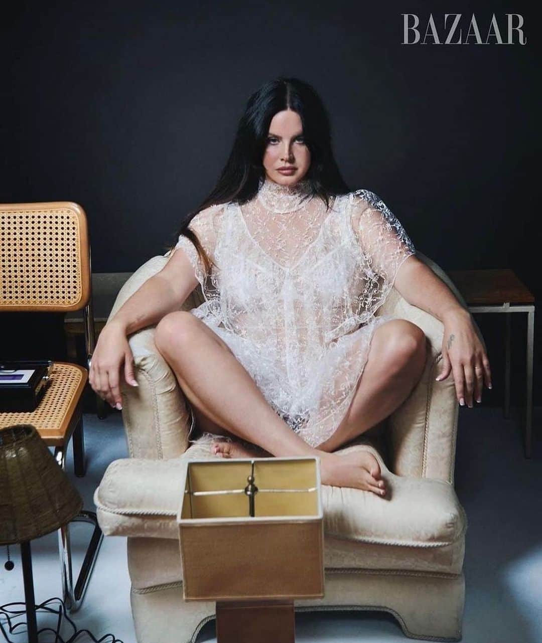 ロダルテのインスタグラム：「@honeymoon wears Rodarte’s White Lace Tiered Dress for @harpersbazaarus, the Art Issue.   Ph: @collierschorrstudio, styled by: @yashuasimmons.  #rodarte #lanadelrey」